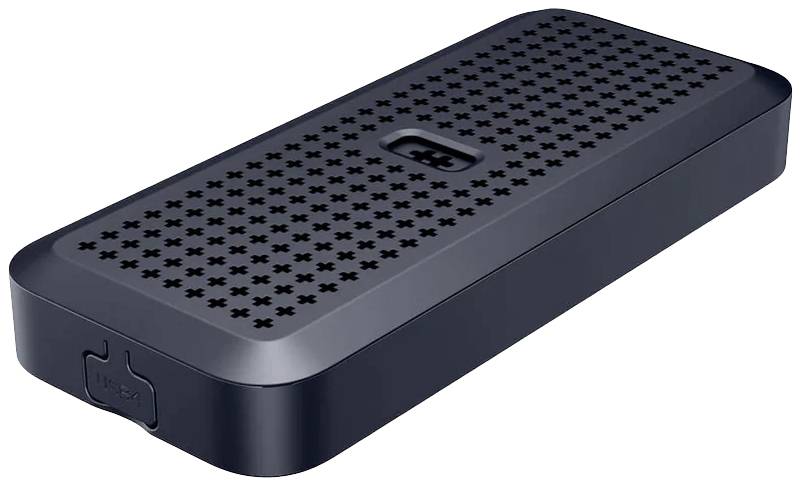 Eine schwarze, rechteckige, flache Festplatte mit einem perforierten Muster auf der Oberseite und abgerundeten Ecken.