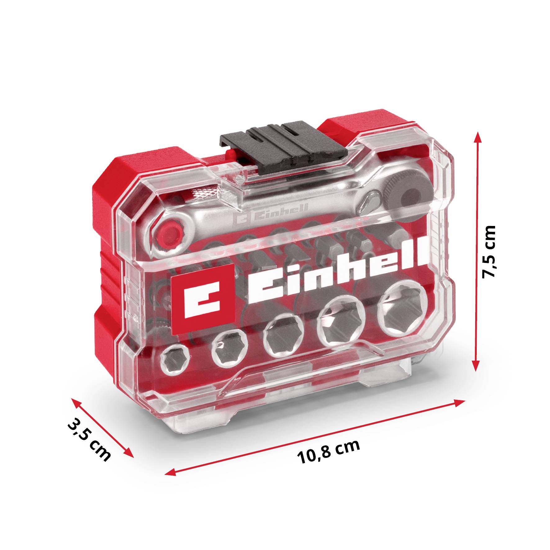 Einhell Bit-Set in transparentem Etui mit Maßen: 10,8 cm Breite, 3,5 cm Tiefe, 7,5 cm Höhe. Enthält verschiedene Bits und einen Griff.