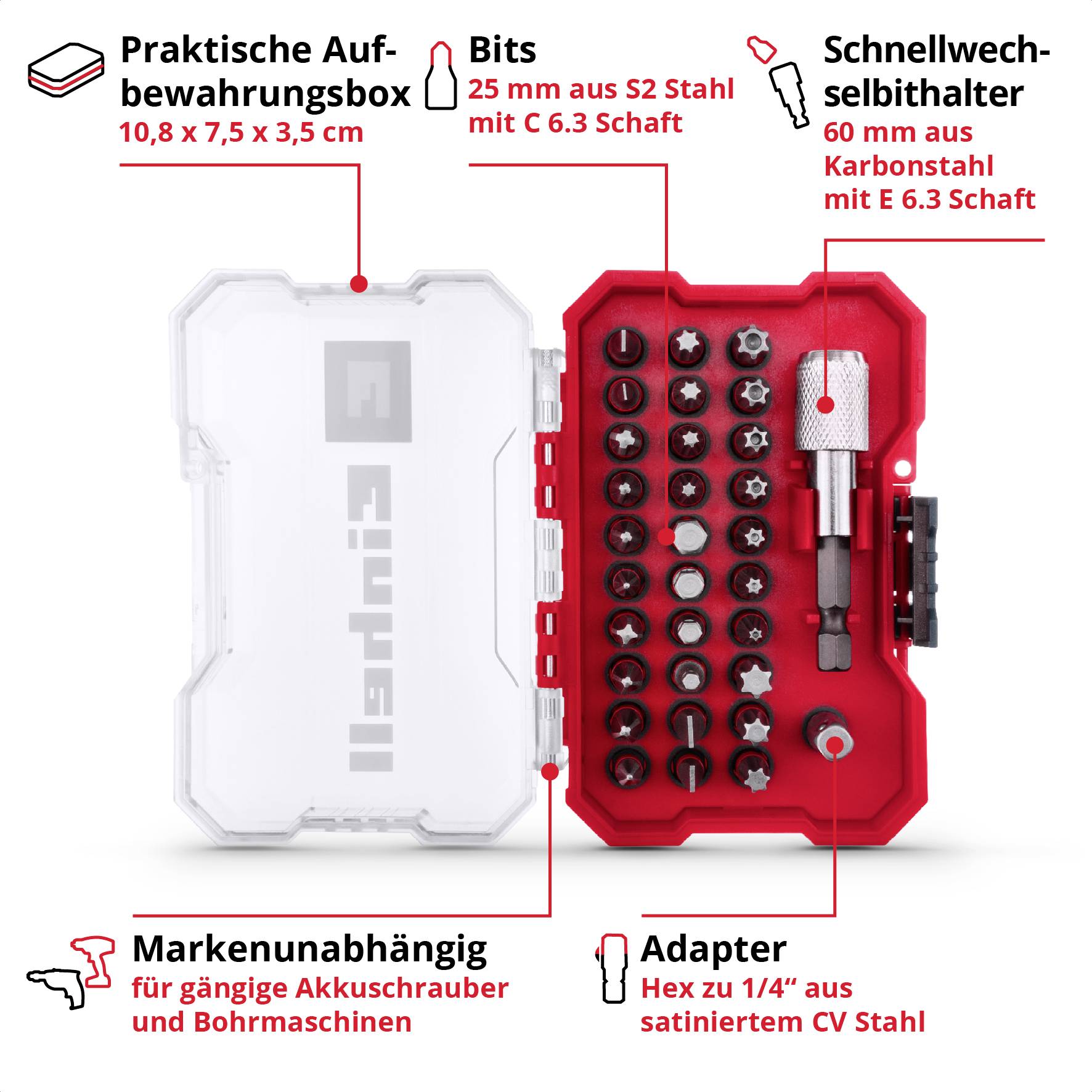 Bitsatz mit Kunststoffgehäuse zeigt verschiedene Bits, Schnellwechselhalter und Adapter. Markierungsbeschreibung in Rot auf Weiß.