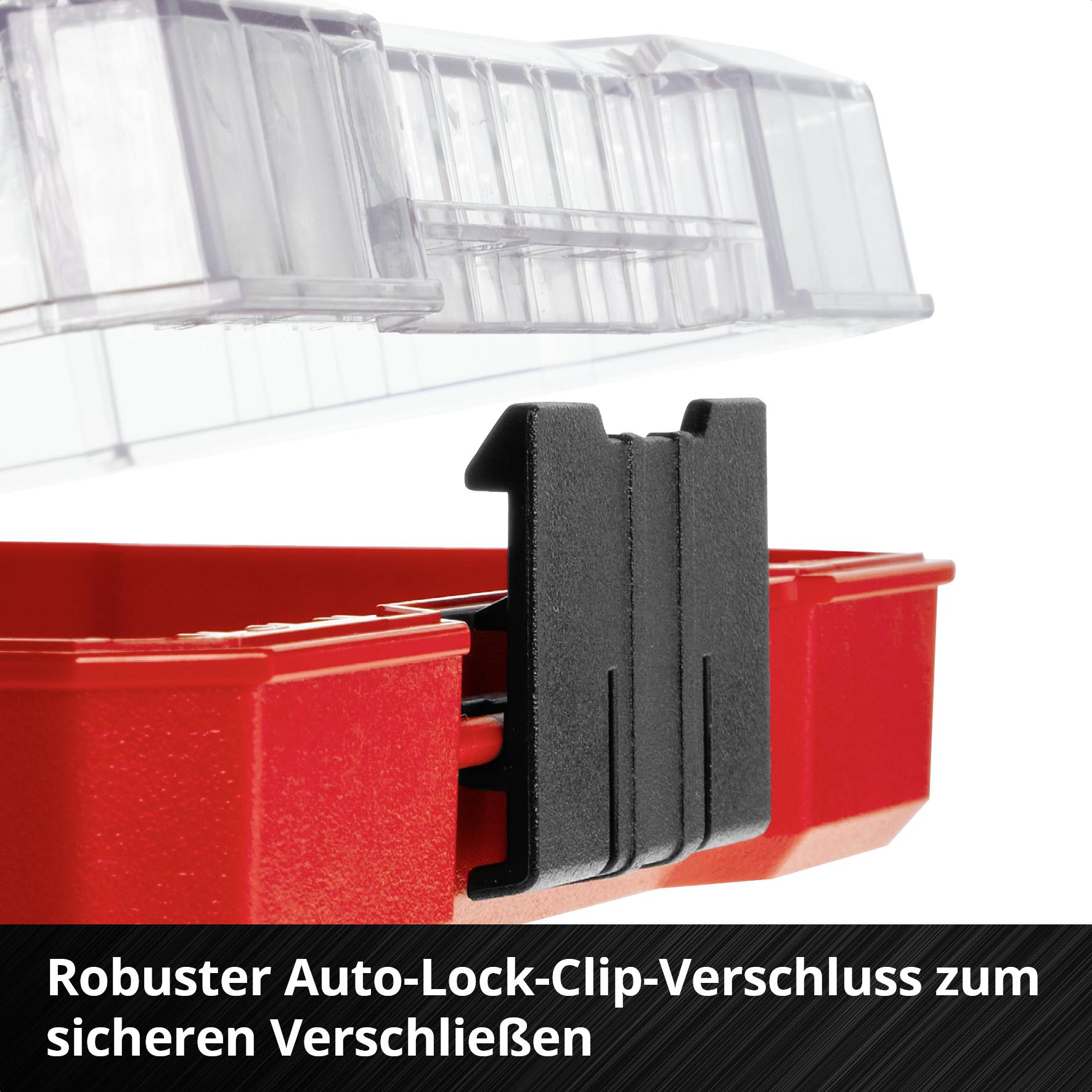 Roter Behälter mit robustem Auto-Lock-Clip-Verschluss, der für einen sicheren Verschluss sorgt.