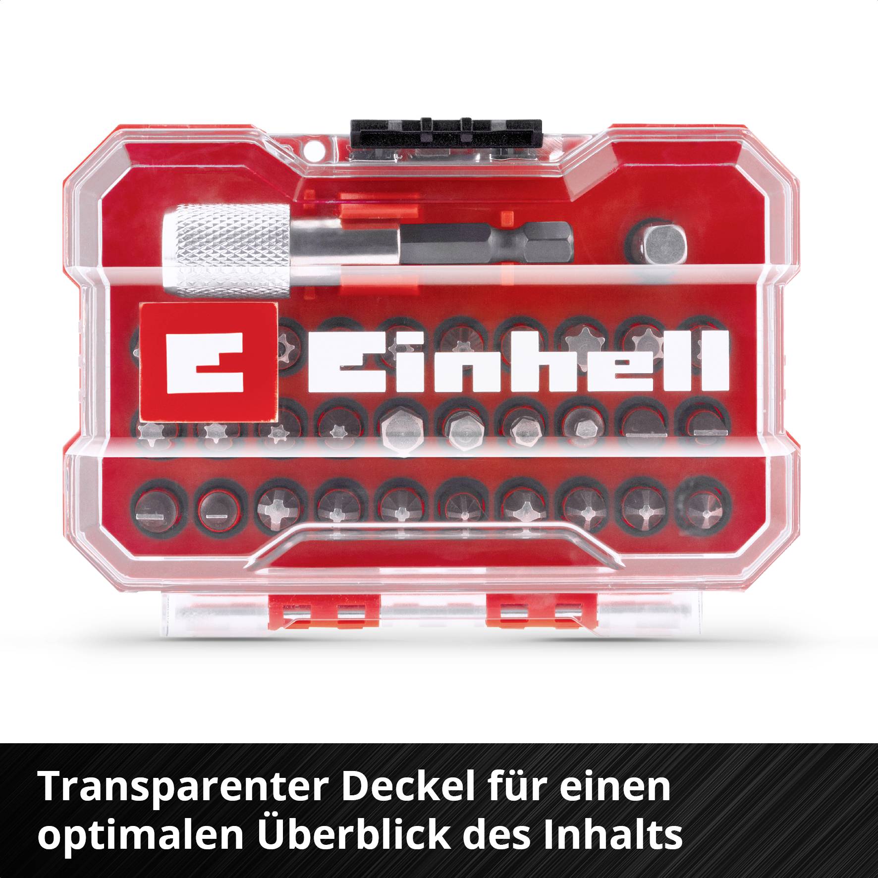 Ein rotes Set mit verschiedenen Bits und einem Schraubendreher, in einem transparenten Kasten mit dem Logo und Namen der Marke.