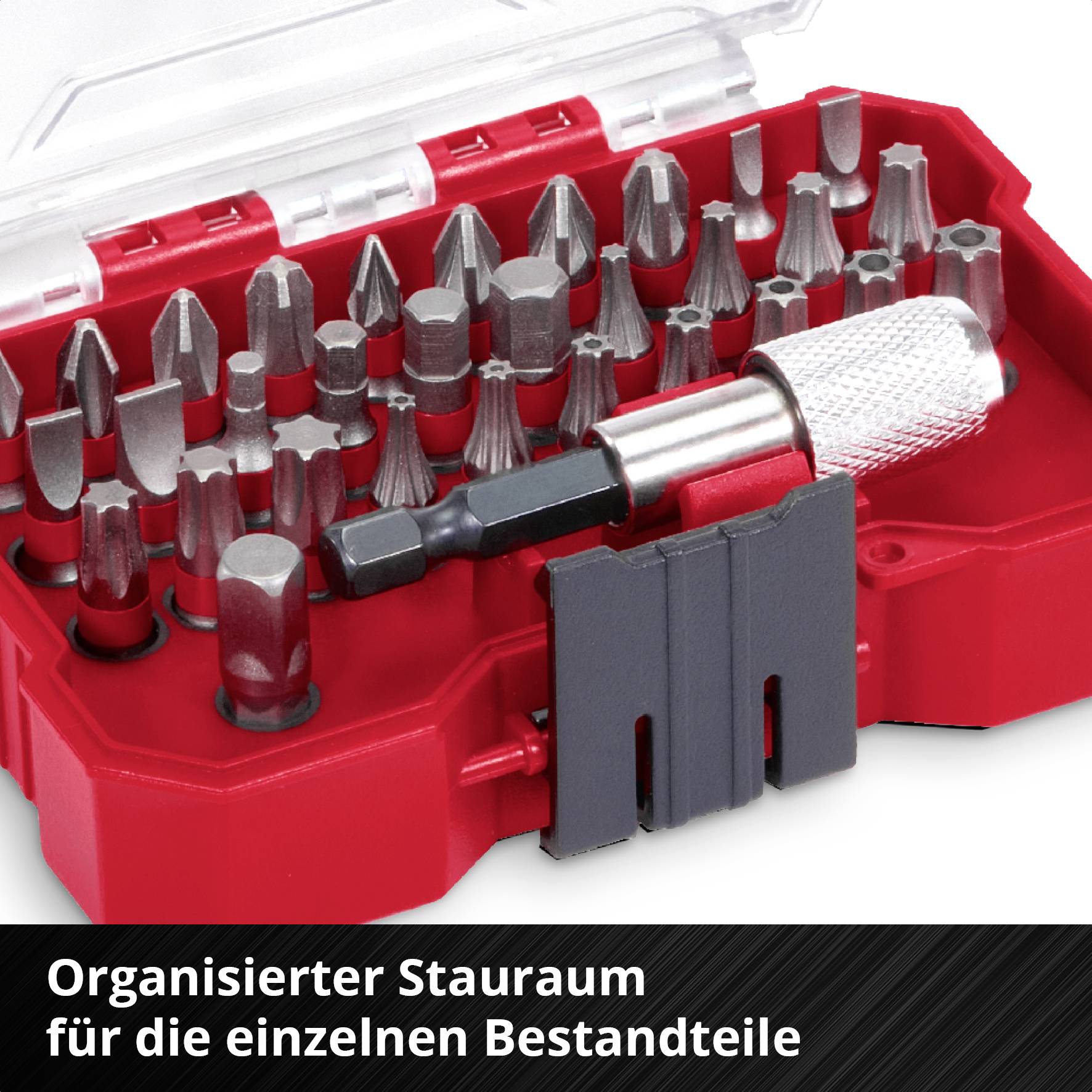 Bitsatz-Set in einem offenen, roten Kunststoffkoffer. Werkzeugaufsätze sind ordentlich sortiert. Text: 'Organisierter Stauraum für die einzelnen Bestandteile'.