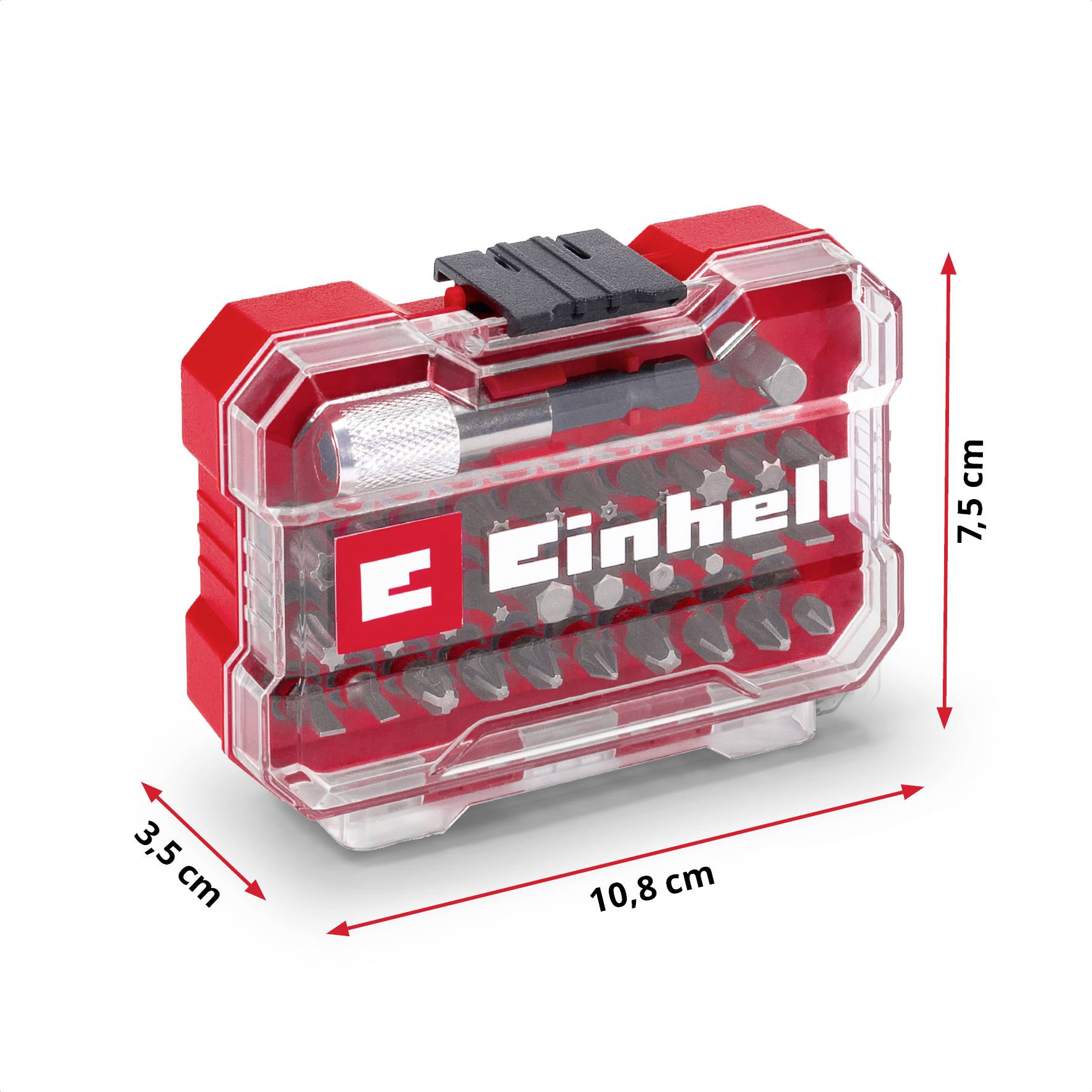 'Einhell' Bit-Set in roter Kunststoffbox, enthält mehrere Bits und einen Adapter. Maße: 3,5 cm tief, 10,8 cm breit, 7,5 cm hoch.