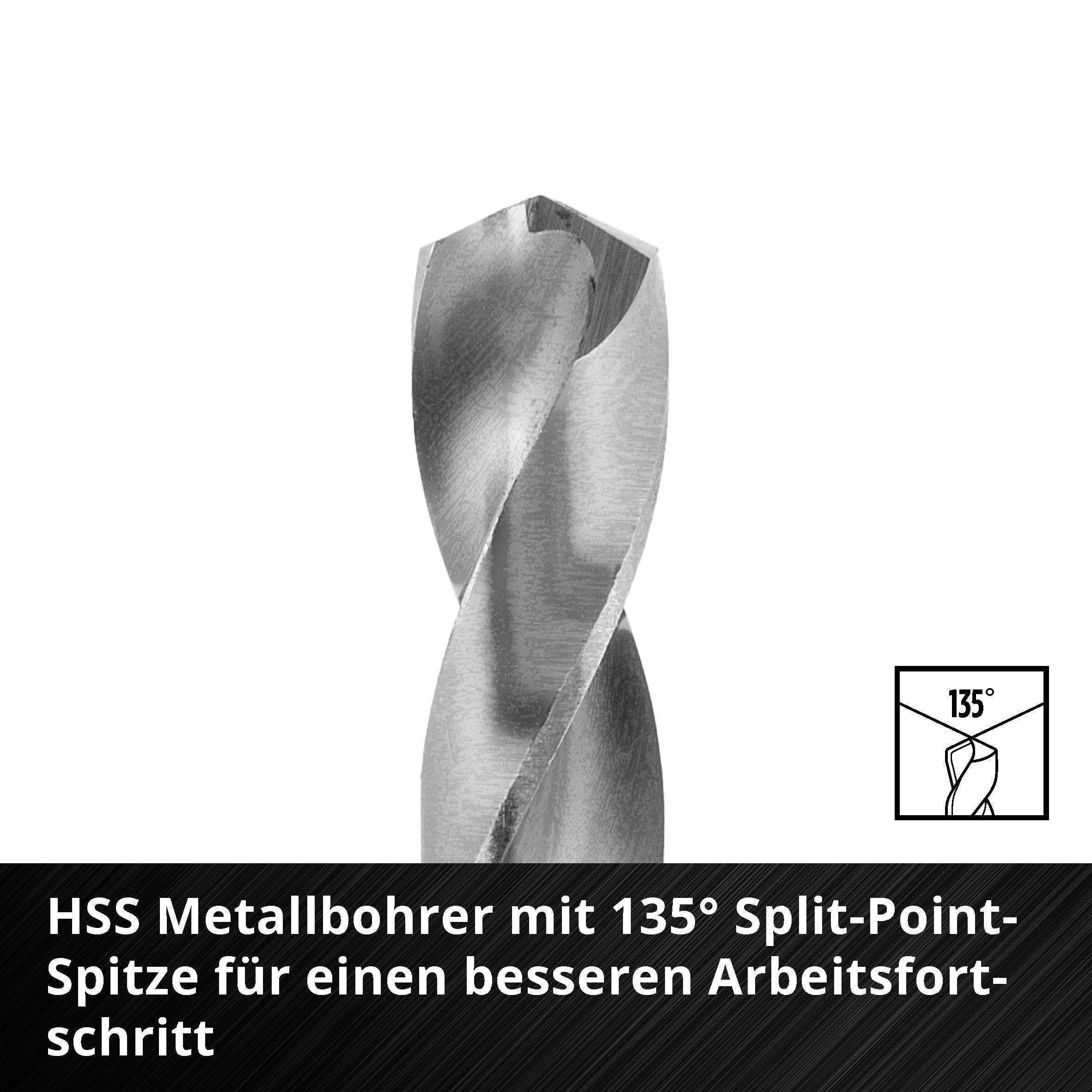 'HSS Metallbohrer mit 135° Split-Point-Spitze für besseren Arbeitsfortschritt.' Abbildung eines Metallbohrers und Piktogramm mit Winkelanzeige.