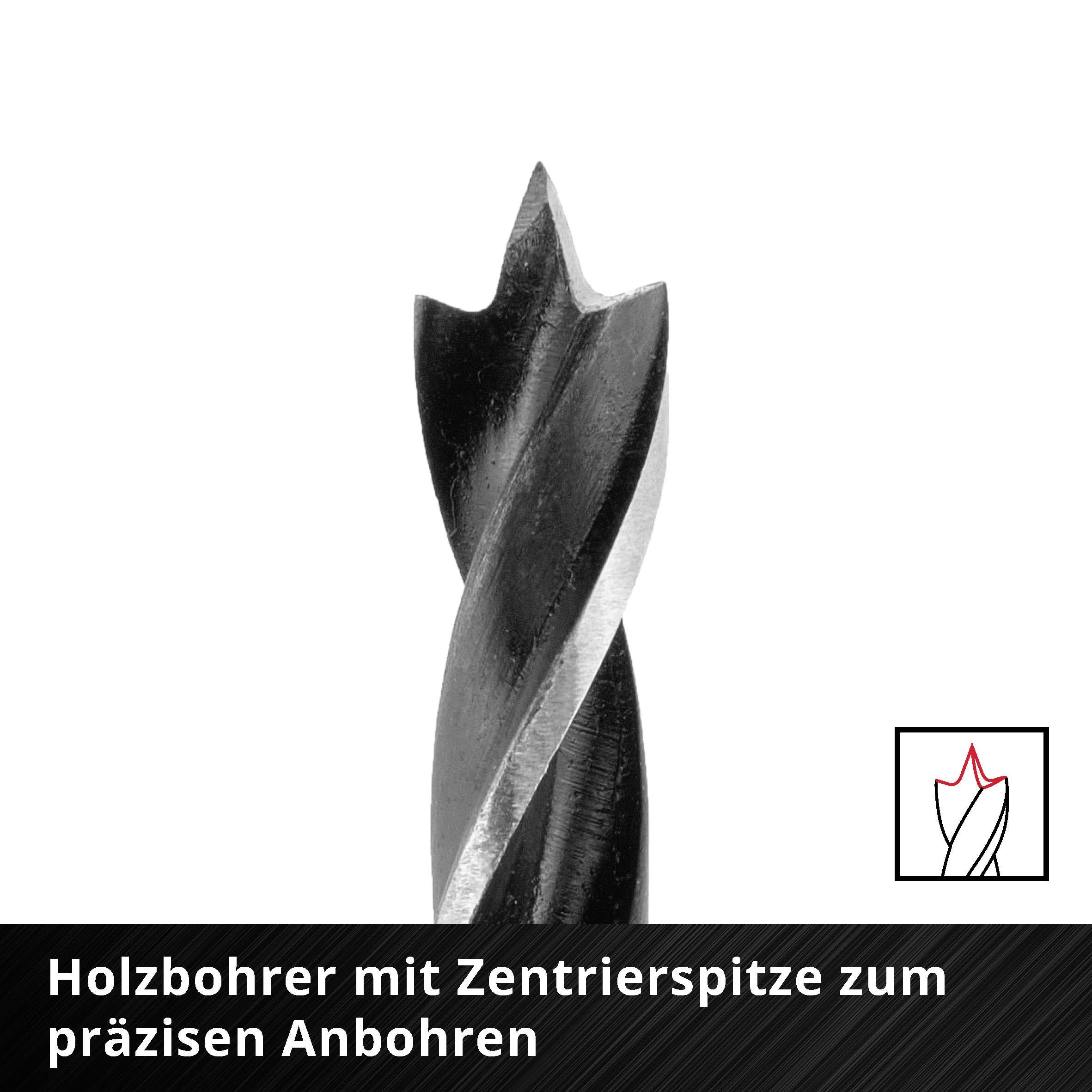 Holzbohrer mit Zentrierspitze für präzises Bohren, vor weißem Hintergrund abgebildet.
