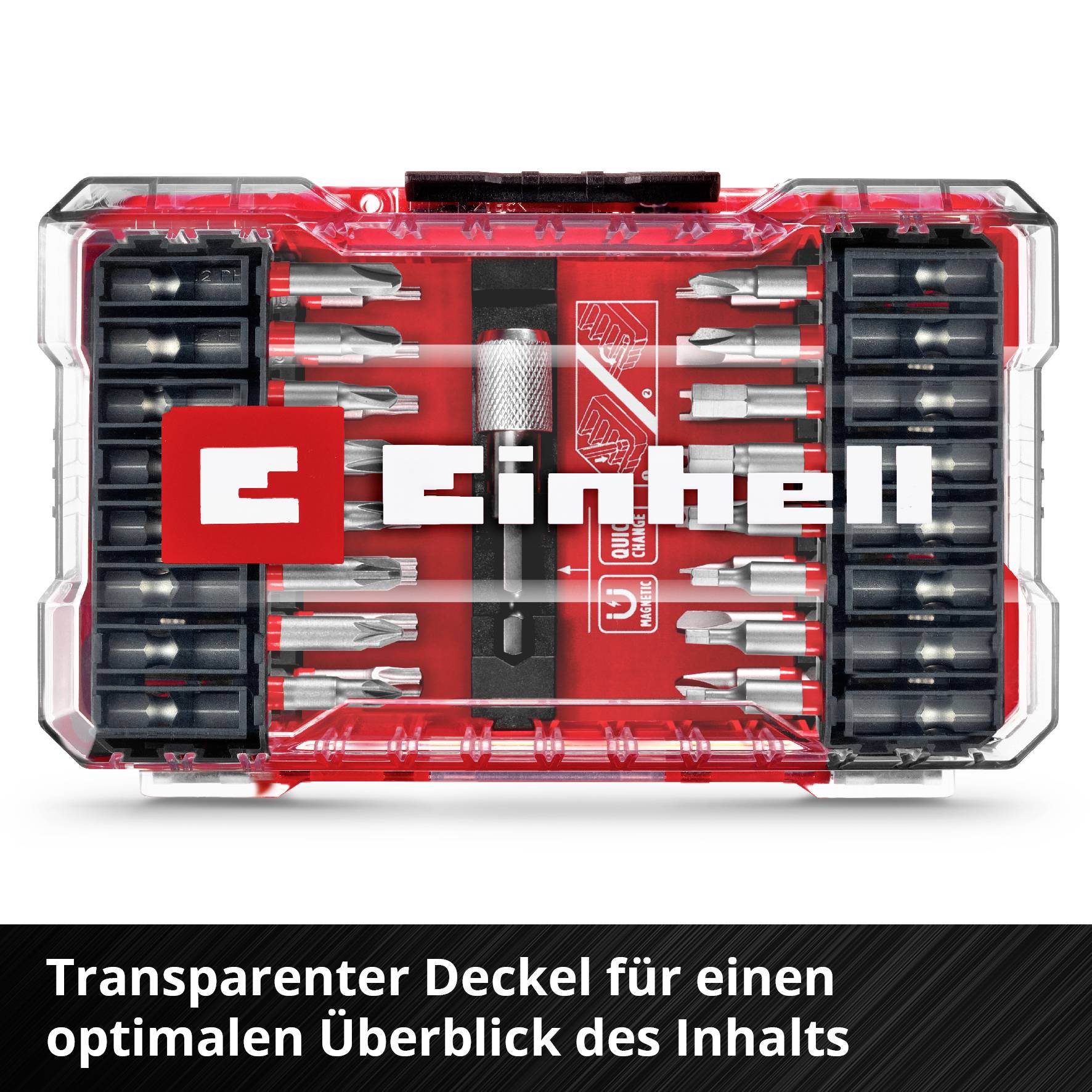 Bohrerset in transparentem Kasten mit Logo und 'Transparenter Deckel für einen optimalen Überblick des Inhalts'-Text darunter.