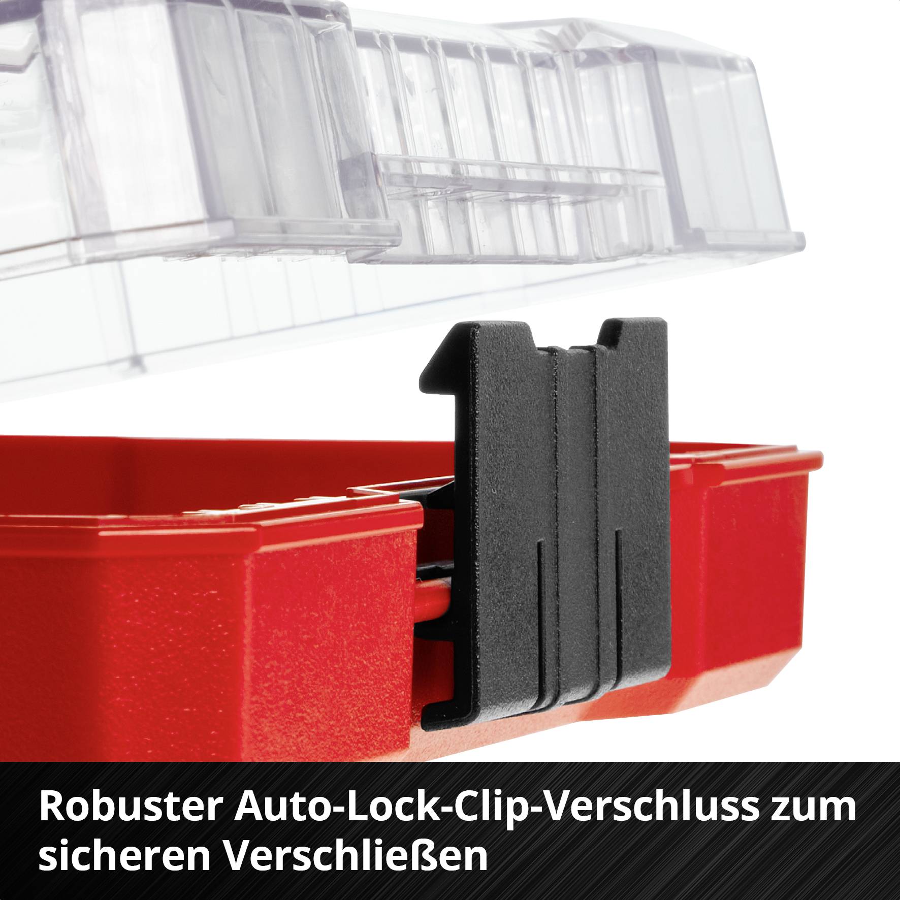 Robuster Auto-Lock-Clip-Verschluss einer roten Box wird gezeigt. Text: 'Robuster Auto-Lock-Clip-Verschluss zum sicheren Verschließen'.