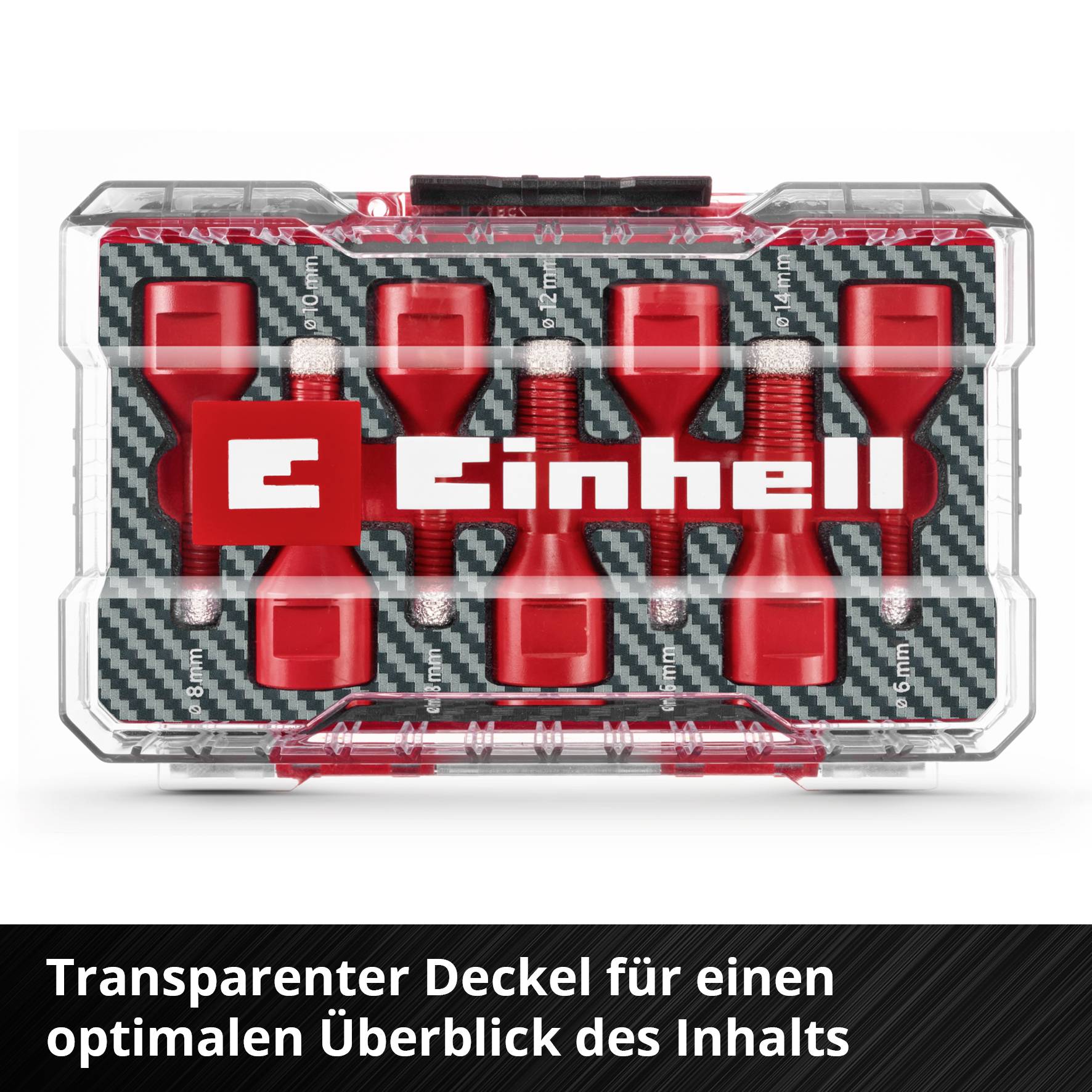 Ein Koffer mit rotem Einsatz für Stecknüsse, transparentem Deckel und der Aufschrift 'Einhell'. Text: 'Transparenter Deckel für optimalen Überblick des Inhalts'.