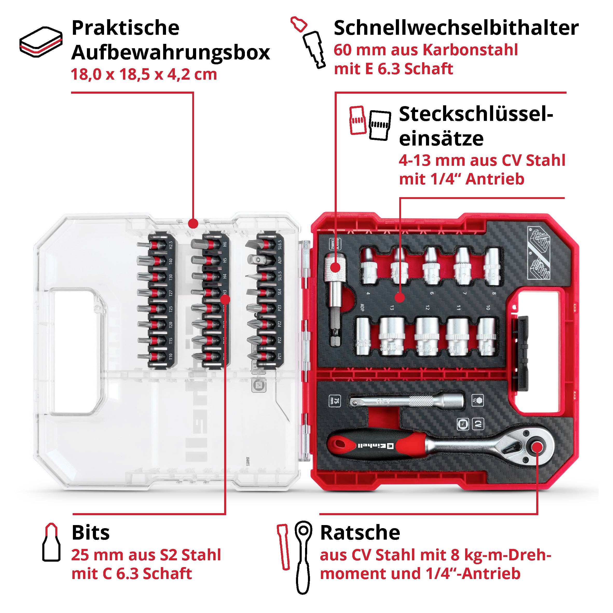 Praktische Aufbewahrungsbox enthält verschiedene Steckschlüsseleinsätze, Bits und eine Ratsche. Ideal für präzise Arbeiten.