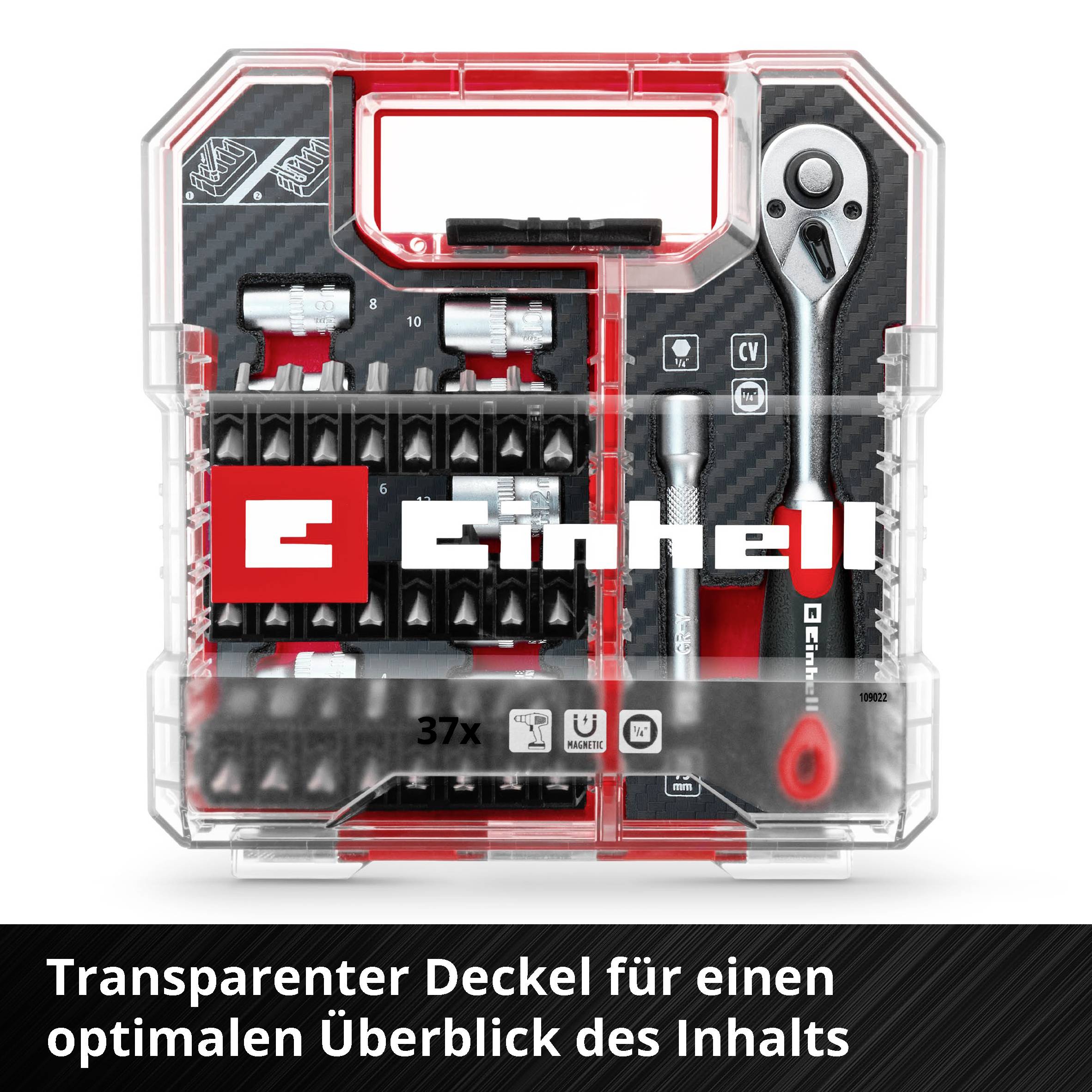 Einhell Werkzeugkoffer mit 37 Teilen, darunter Schraubenschlüssel und Bits. Transparenter Deckel für optimale Sichtbarkeit des Inhalts.