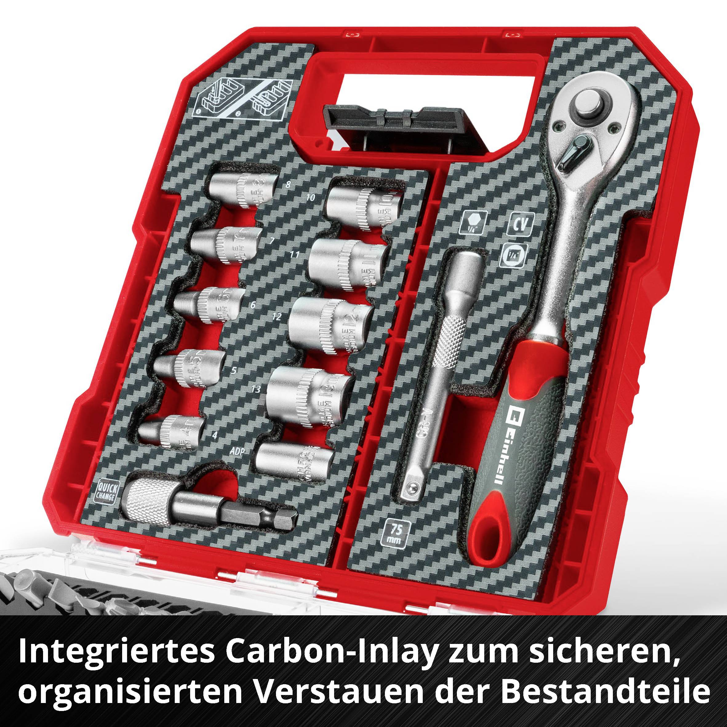 'Werkzeugkasten mit Ratsche, Stecknüssen und Verlängerungsaufsätzen. Integriertes Carbon-Inlay für organisiertes Verstauen.'