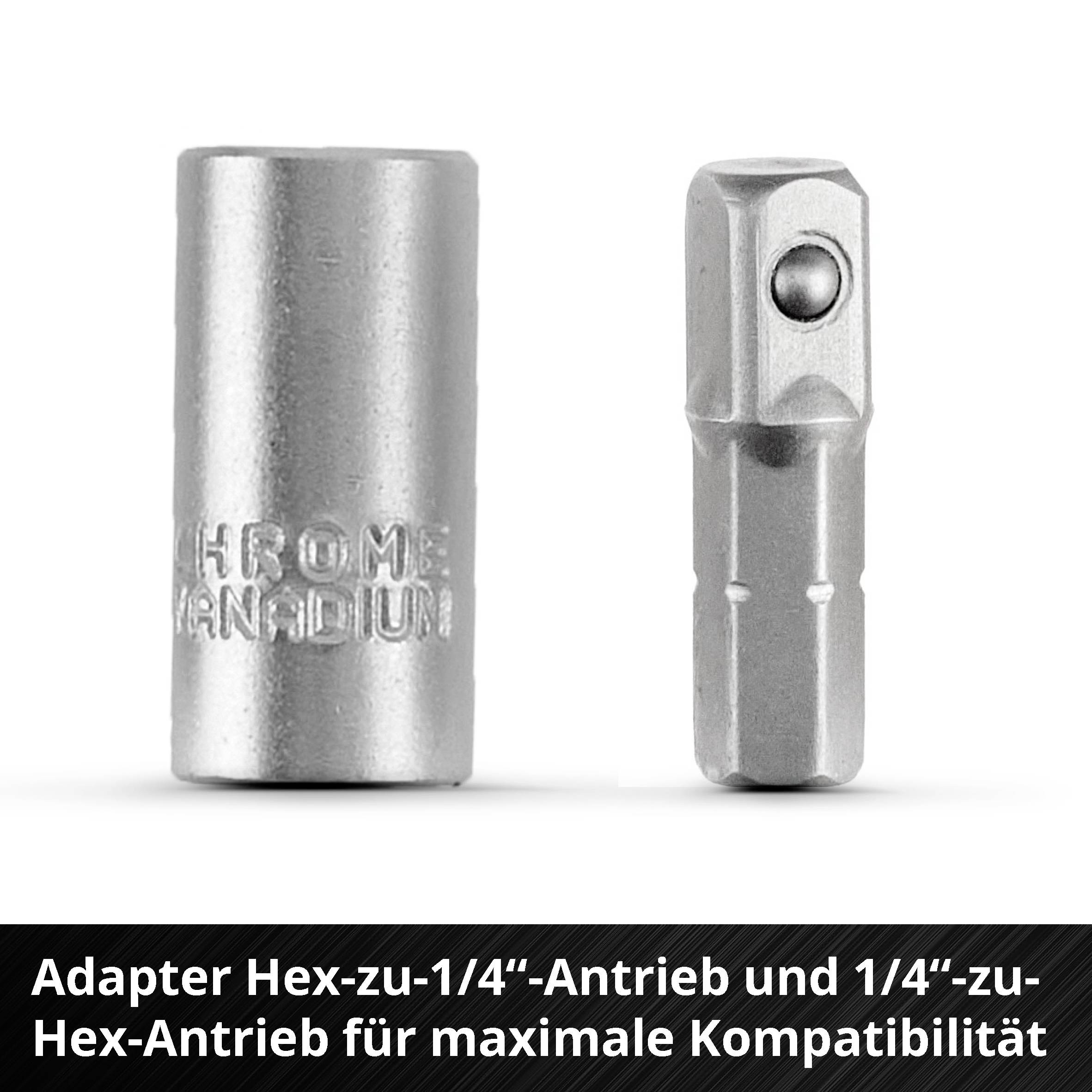 'Zwei silberne Adapter: links ein zylindrischer Adapter, rechts ein Sechskant-Adapter. Beschriftung: Chrome Vanadium.'