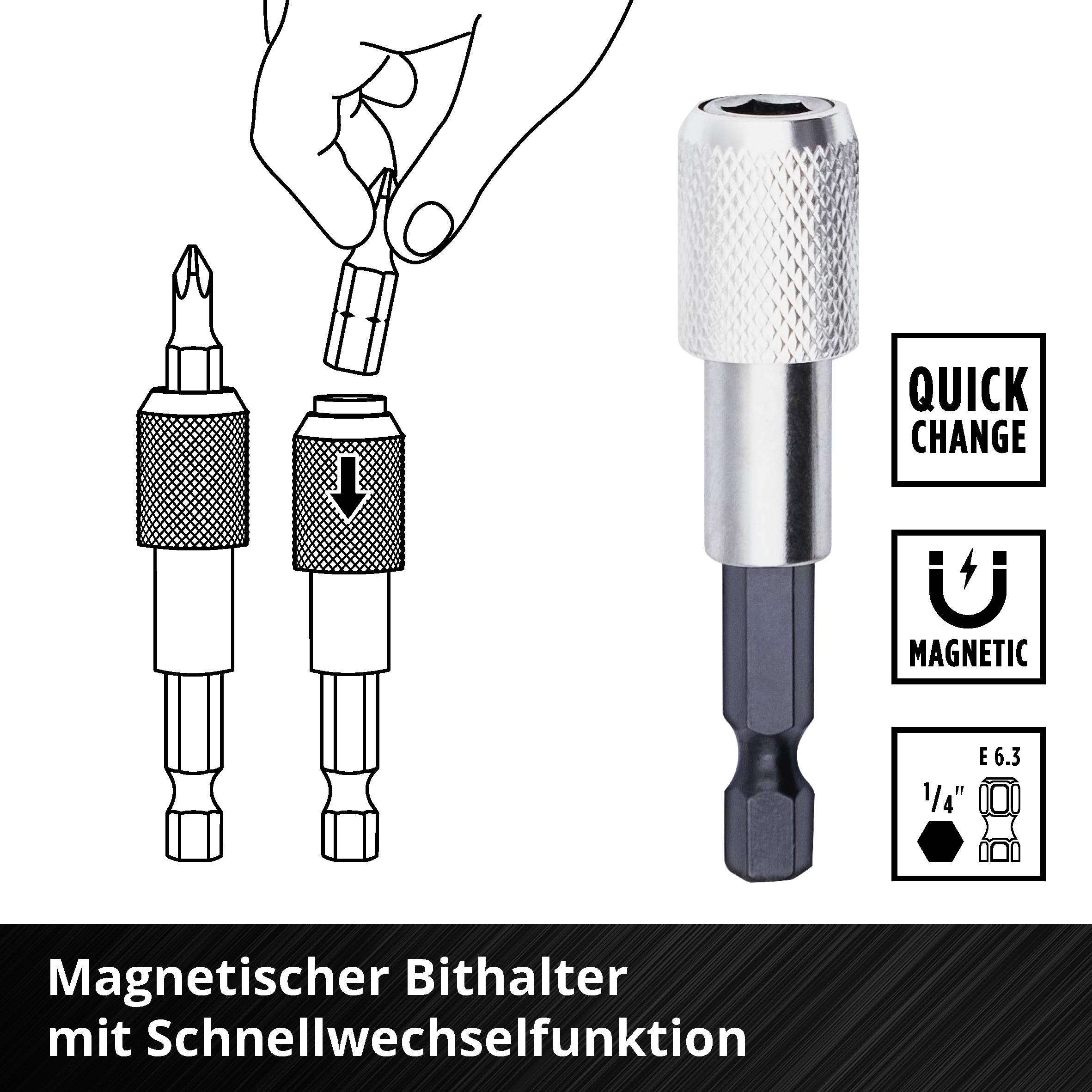 Magnetischer Bithalter mit Schnellwechselfunktion, zeigt Hand beim Einsetzen einer Spitze, Symbole für 'quick change' und 'magnetic'.