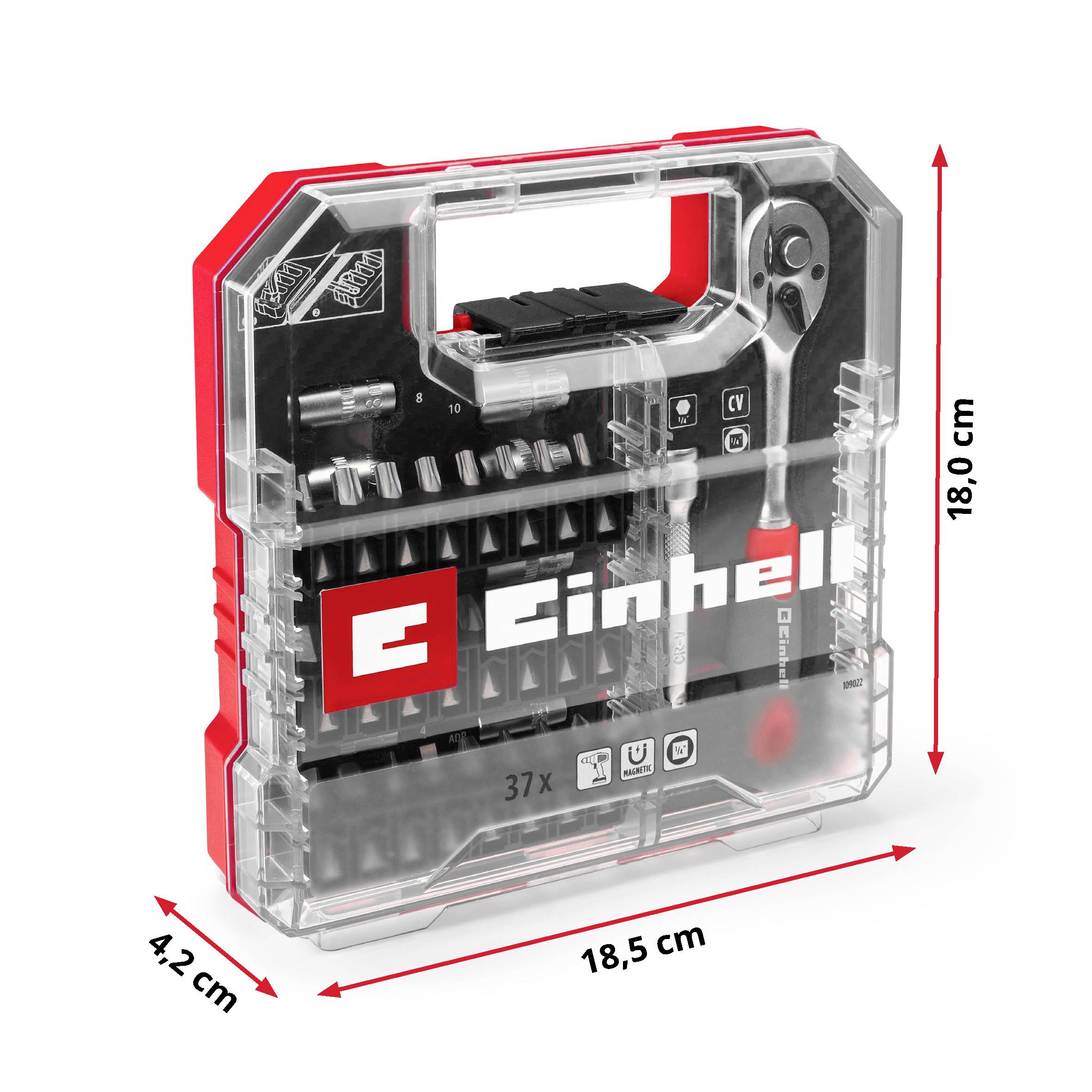 Ein transparenter Werkzeugkoffer von Einhell mit 37 Bits und einem Schraubendreher. Abmessungen: 18,5 cm x 18,0 cm x 4,2 cm.