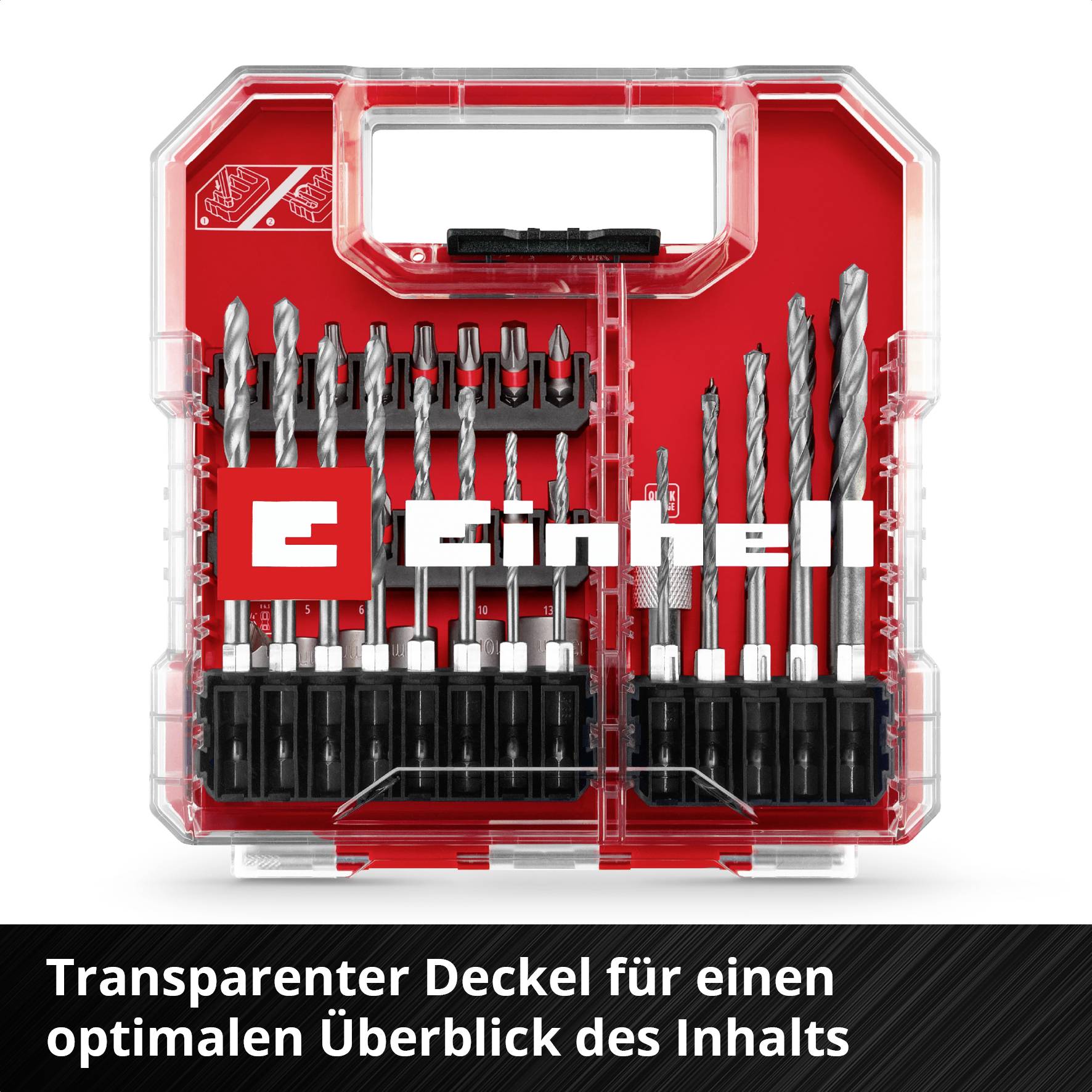 'Einhell Werkzeug-Set in transparenter Box, ideal für Überblick über Inhalt. Verschiedene Bohrer und Bits in roter und schwarzer Farbgebung.'