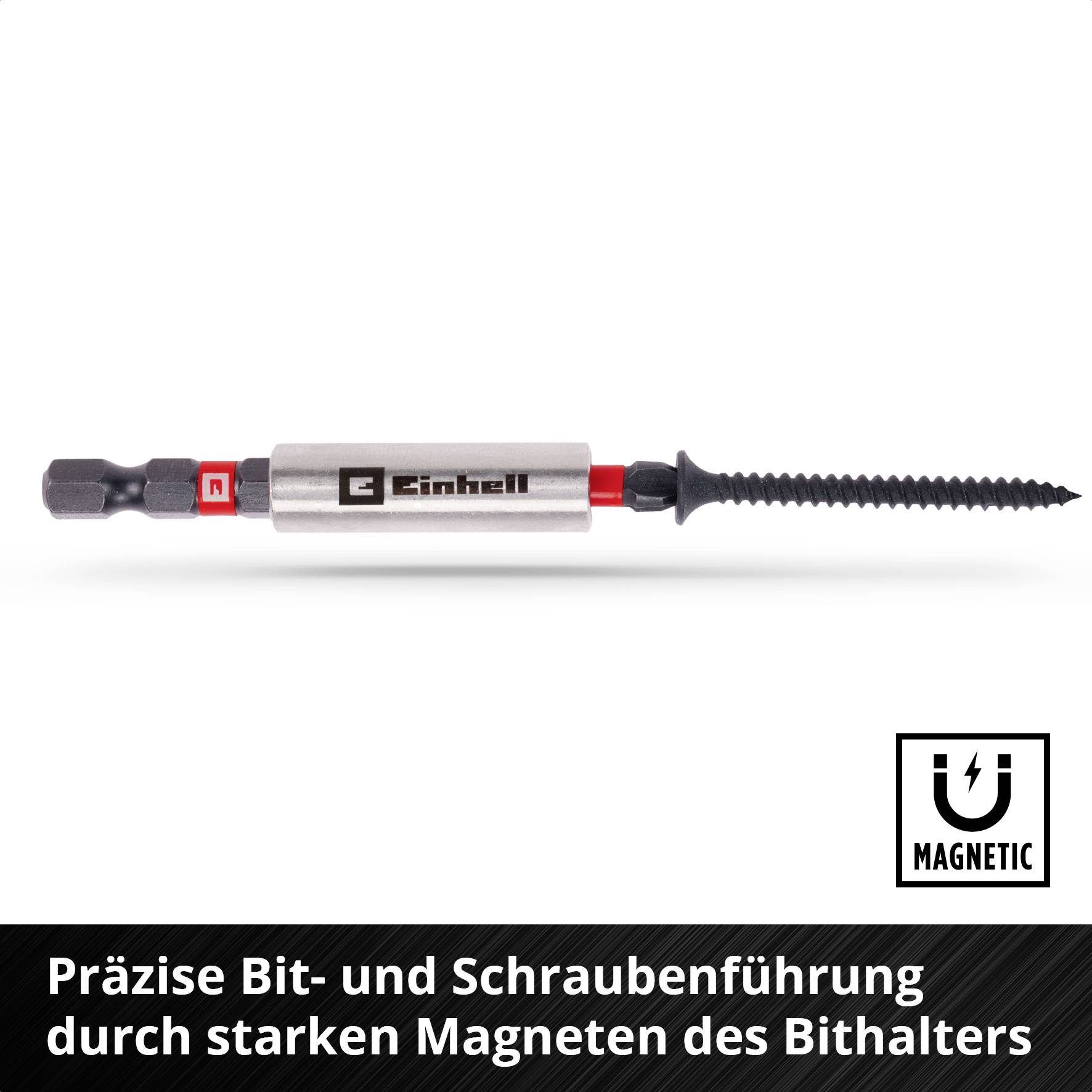 Einhell Bithalter mit Schraube und Magnet, auf weißem Hintergrund. Text: 'Präzise Bit- und Schraubenführung durch starke Magnete'.