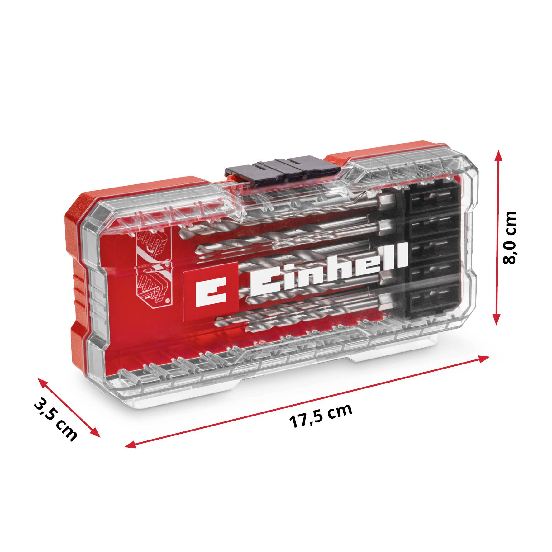 Ein transparentes Behältnis mit einem Schraubendreher-Bit-Set von Einhell. Das Set enthält verschiedene Bits; Maße: 17,5 cm x 8,0 cm x 3,5 cm.
