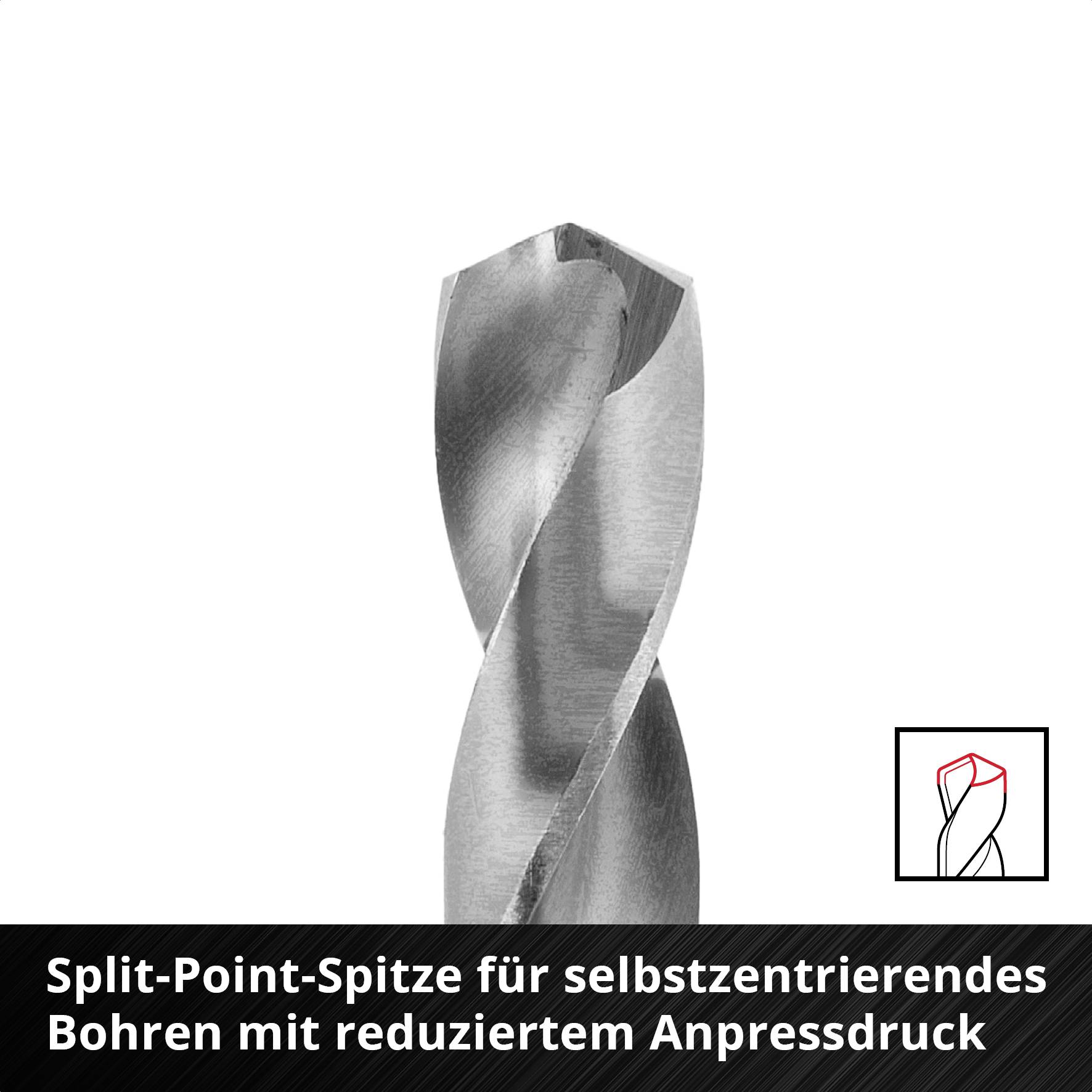 'Split-Point-Spitze für selbstzentrierendes Bohren mit reduziertem Anpressdruck.' zeigt einen Metallbohrer mit Detailzeichnung.