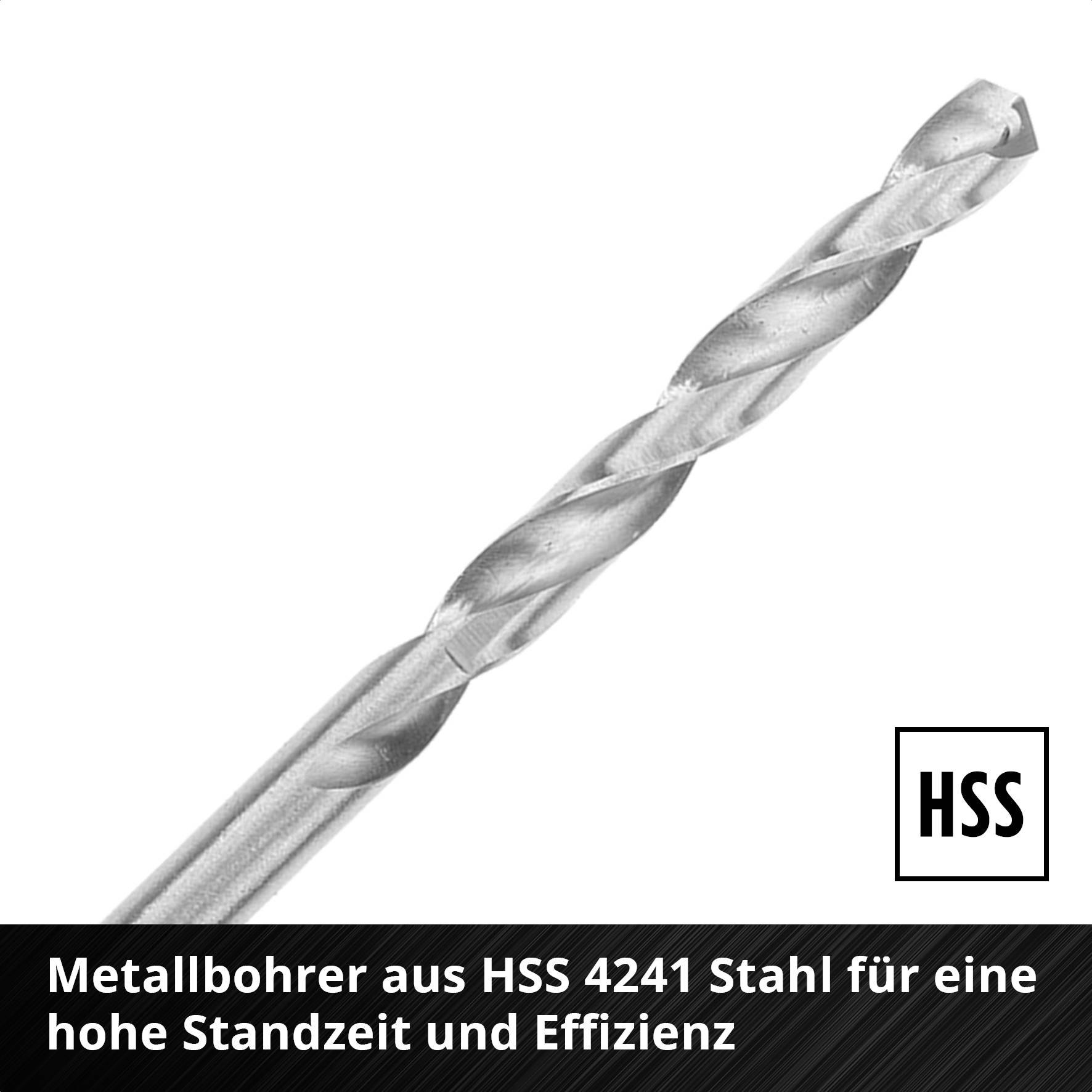 Metallbohrer aus HSS 4241 Stahl, gezeigt auf weißem Hintergrund. Text betont die hohe Standzeit und Effizienz des Bohrers.