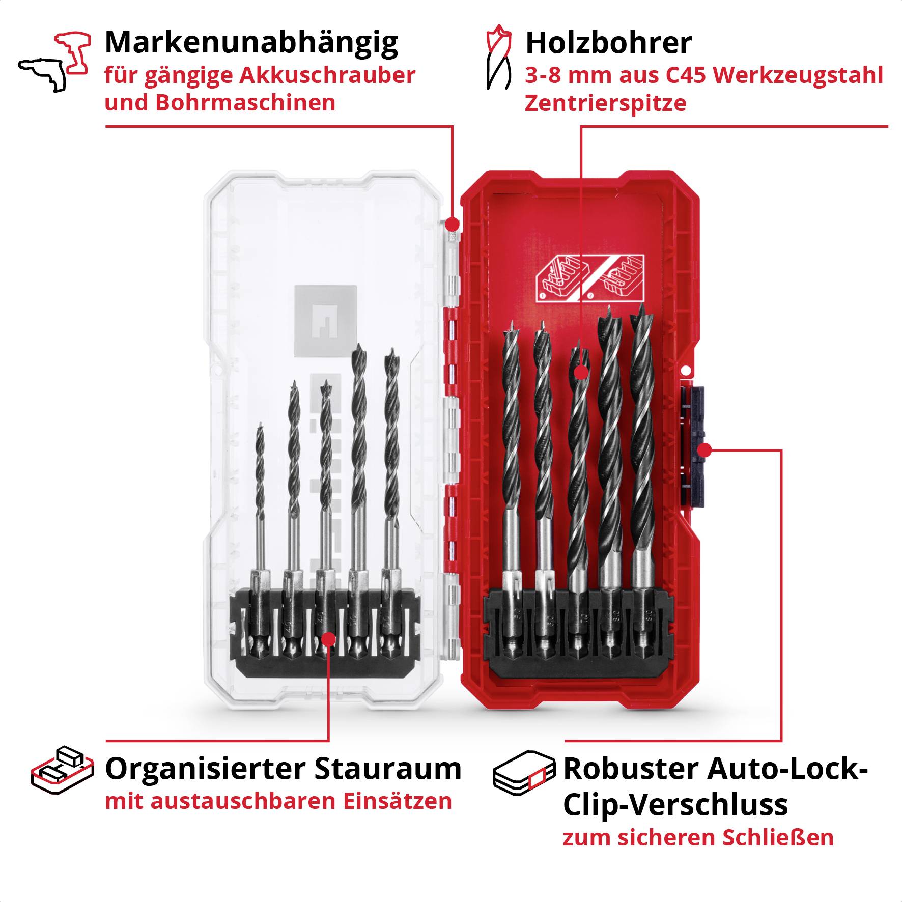 Akkubohrer-Set in einem roten Etui mit Bohrergrößen von 3-8 mm. Enthält Aufbewahrungsfächer und einen robusten Clip-Verschluss. Geeignet für verschiedene Maschinen.