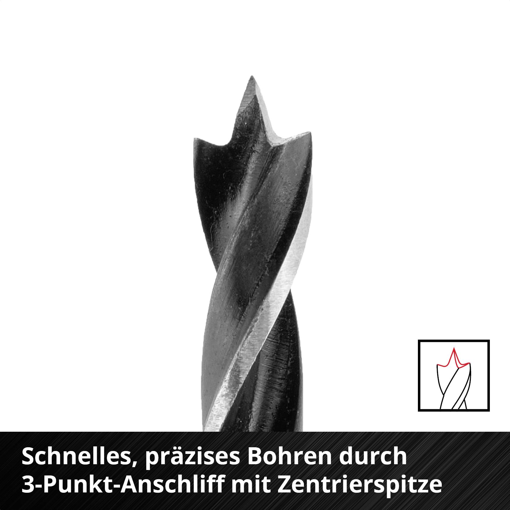 Bohraufsatz mit 3-Punkt-Schliff und Zentrierspitze für schnelles und präzises Bohren.