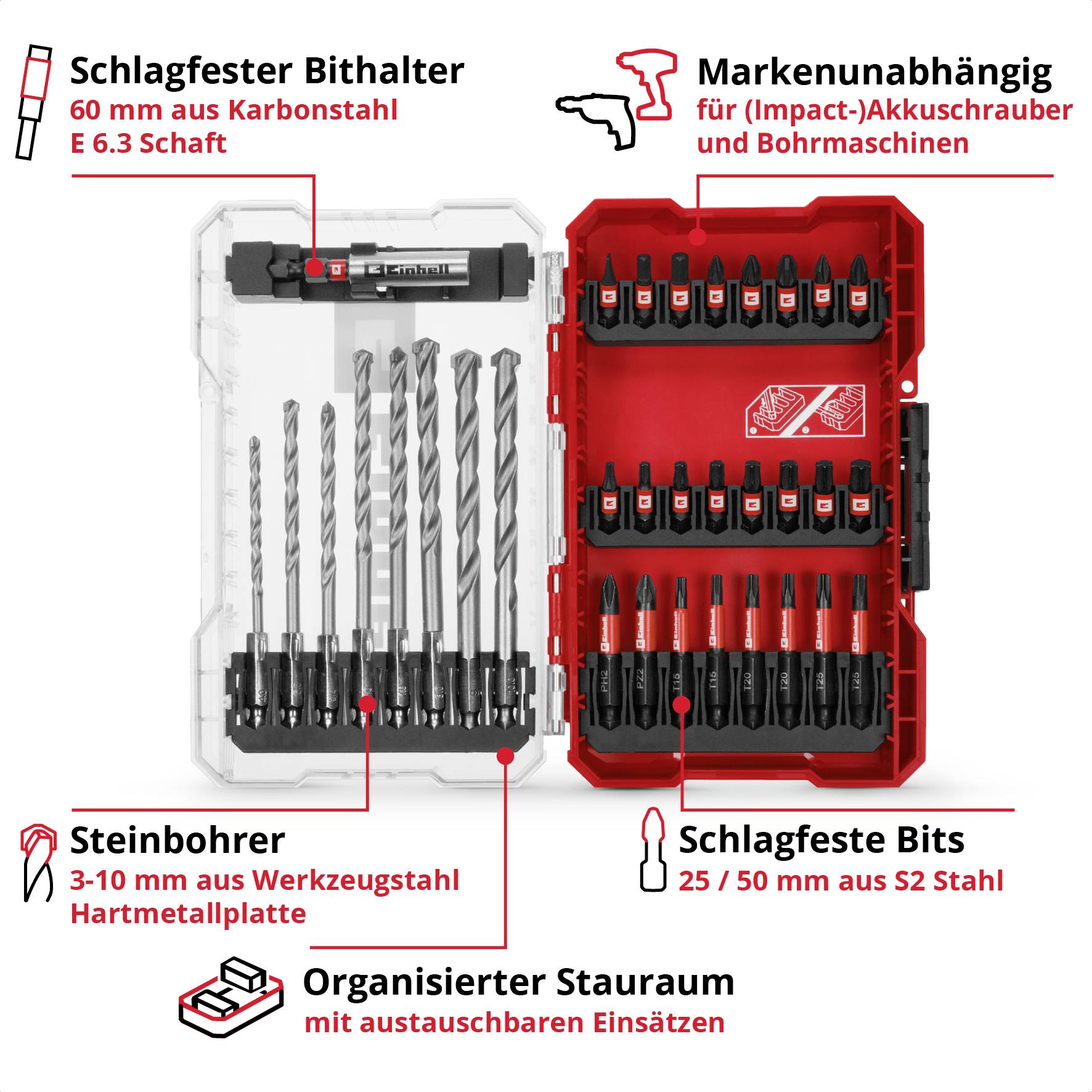 'Werkzeugset mit Bohrern und Bits: Schlagfester Bithalter, Steinbohrer, schlagfeste Bits; markenunabhängig. Organisierter Stauraum.'