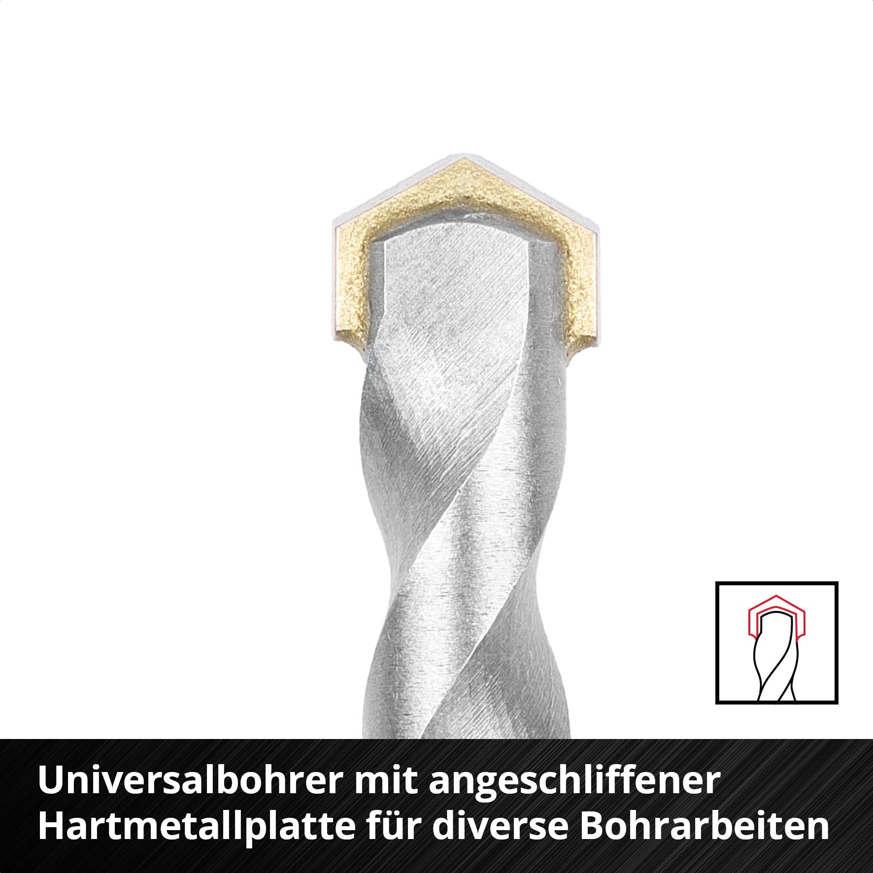 Universalbohrer mit angeschliffener Hartmetallplatte für diverse Bohrarbeiten, zeigt die Spitze und Konstruktion in Nahaufnahme.