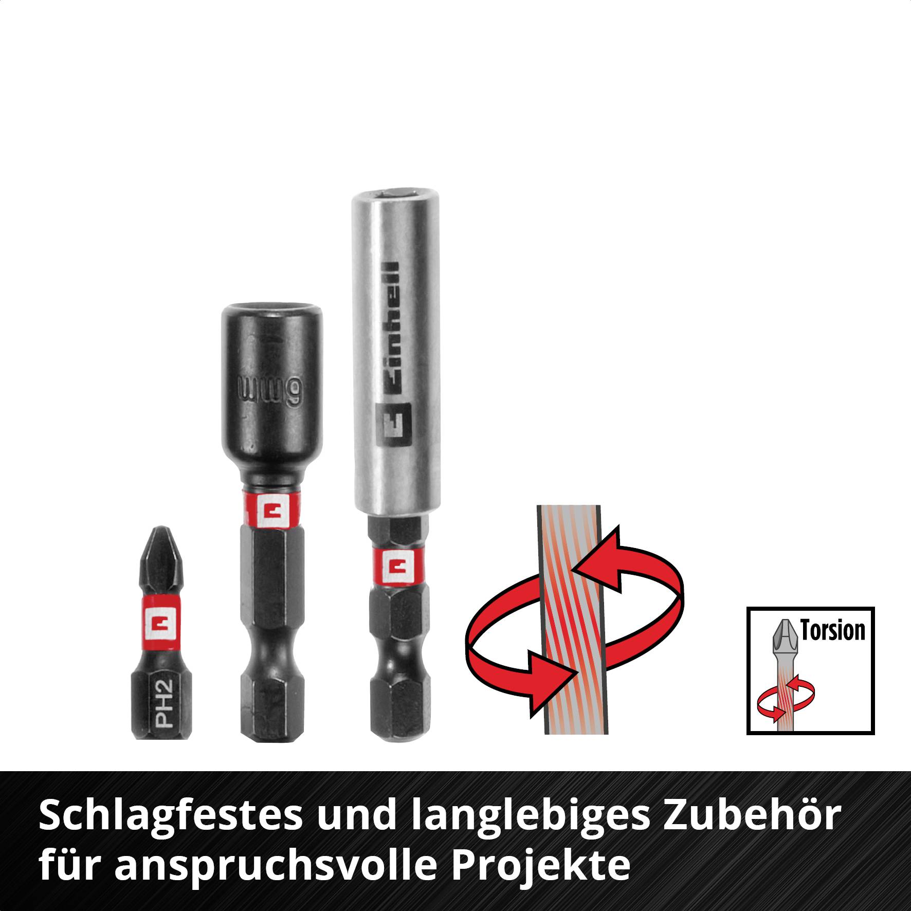 'Drei verschiedene Bits und Aufsätze, die schlagfest und langlebig sind, mit einem Hinweis auf Torsionseigenschaften. Text: "Schlagfestes und langlebiges Zubehör für anspruchsvolle Projekte."'