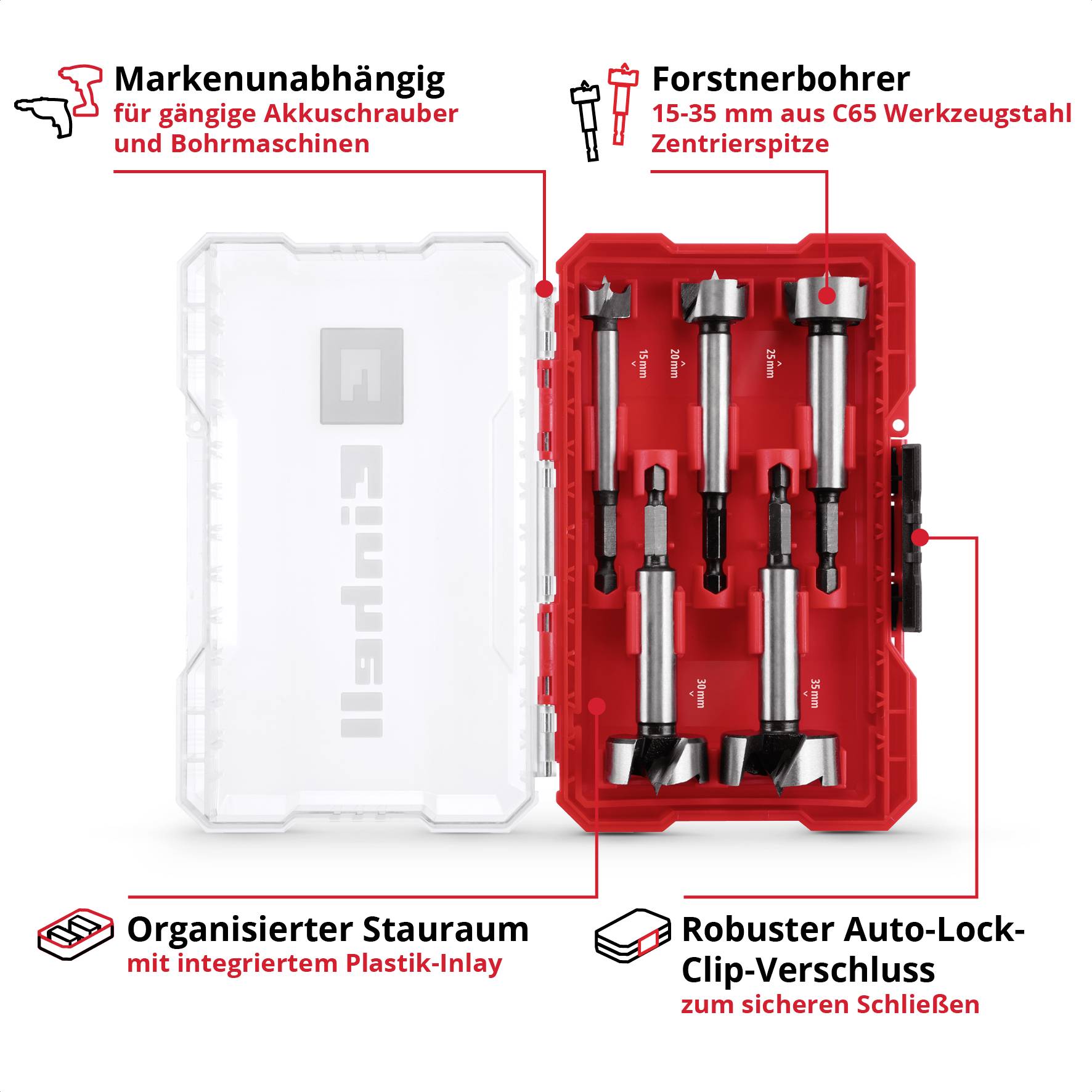 'Akkuwerkzeug-Set mit Forstnerbohrern. Enthält Organizer-Stauraum und Auto-Lock-Verschluss für gängige Bohrschrauber.'