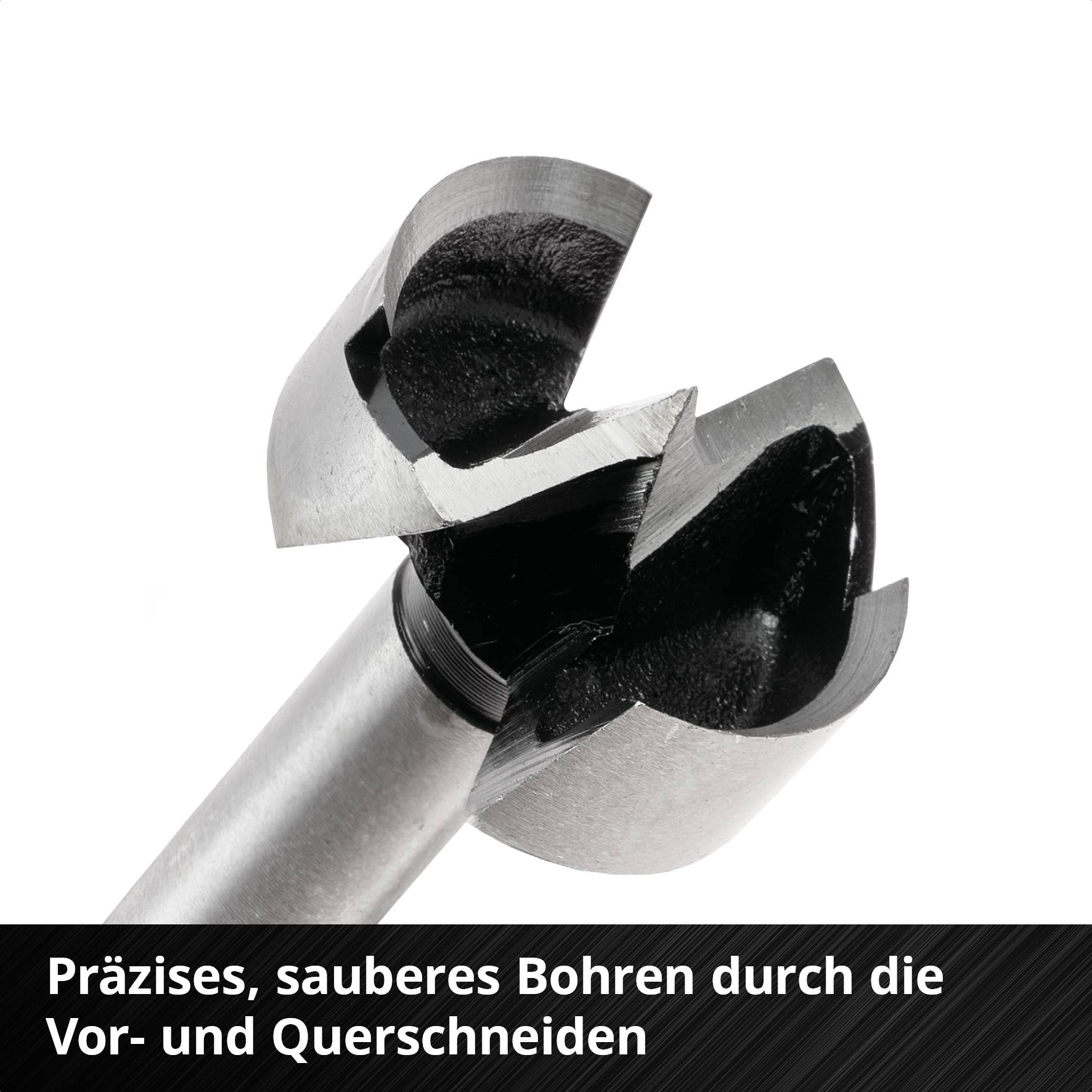 Forstnerbohrer mit scharfen Schneiden, geeignet für präzises und sauberes Bohren in Holz. Text: 'Präzises, sauberes Bohren durch die Vor- und Querschneiden'.