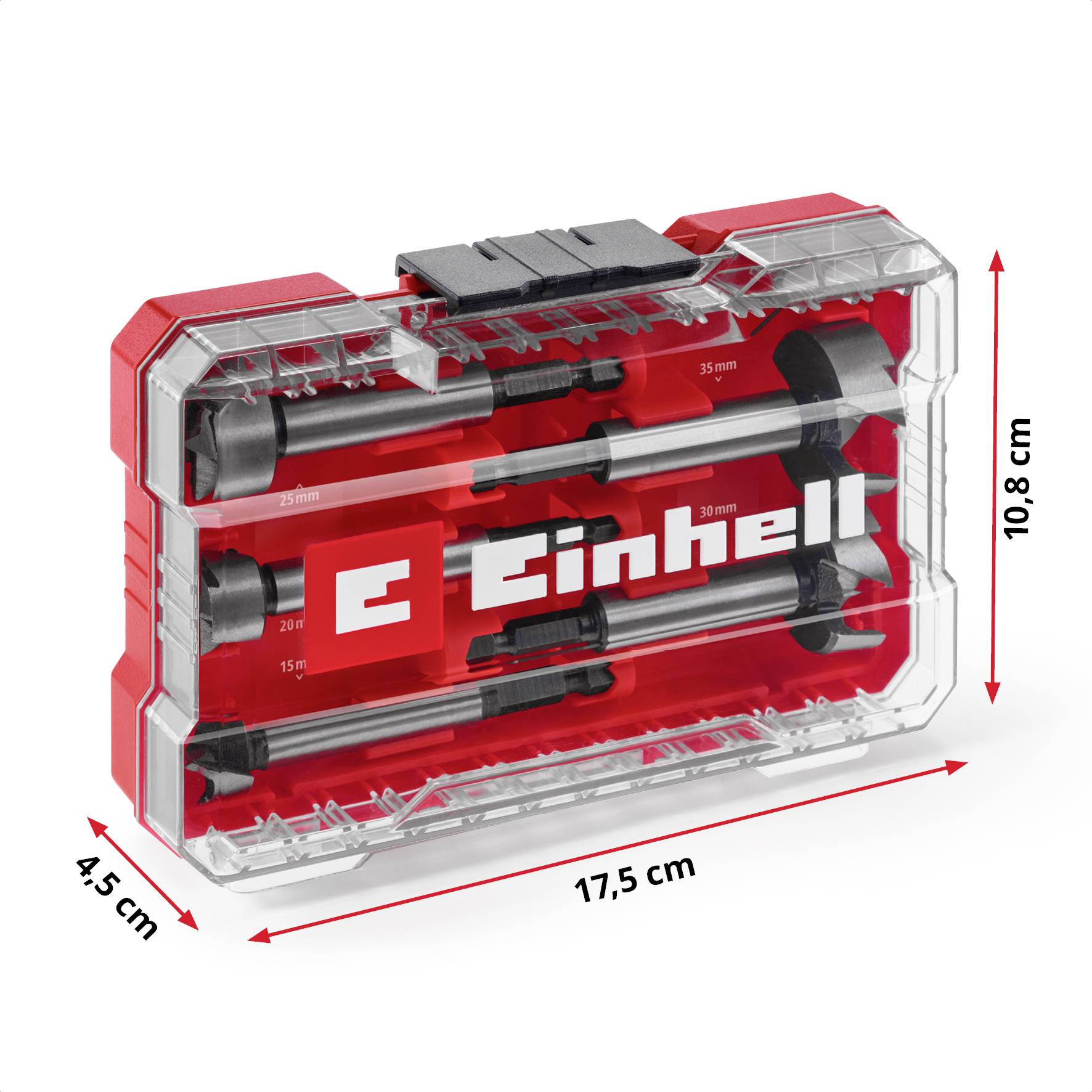 'Einhell' Meißelset in transparent-rotem Etui, enthält sechs Meißel, Maße des Etuis: 17,5 cm lang, 10,8 cm hoch, 4,5 cm tief.