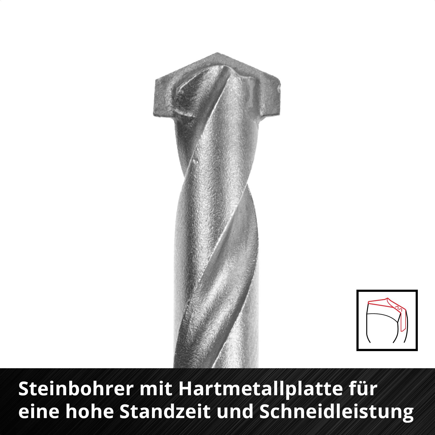 'Silberner Steinbohrer mit Hartmetallplatte für hohe Standzeit und Schneidleistung, Abbildung des Bohrwerkzeugs.'