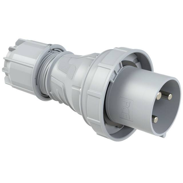 Ein grauer, industrieller Stecker mit drei Metallkontakten, geeignet für Hochleistungsanwendungen. Designbetont und robust.