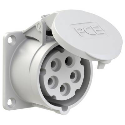 Weißer, runder Industriestecker mit Schutzdeckel, montiert an einer Wandplatte. Geeignet für robuste elektrische Verbindungen.