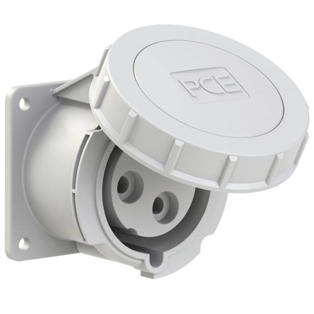 Elektrische Wandsteckdose mit runder Abdeckung und drei Stecköffnungen, geeignet für industrielle Anwendungen.