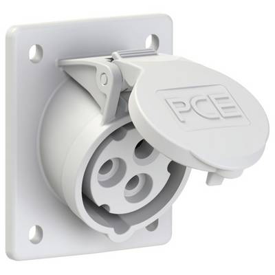 Weiße Wandsteckdose mit Abdeckung, geeignet für industrielle Anwendungen. Markenname 'PCE' auf dem Deckel eingraviert.