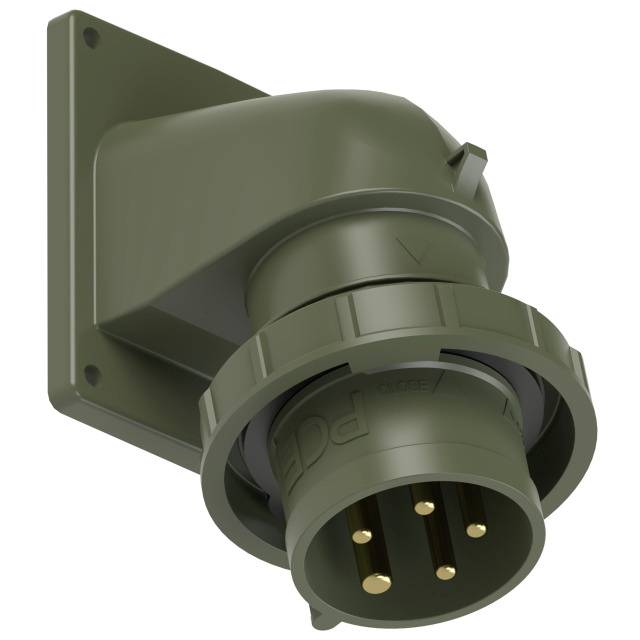 Ein grüner, an der Wand montierter Stecker mit fünf runden Metallstiften, verwendet für industrielle elektrische Verbindungen.