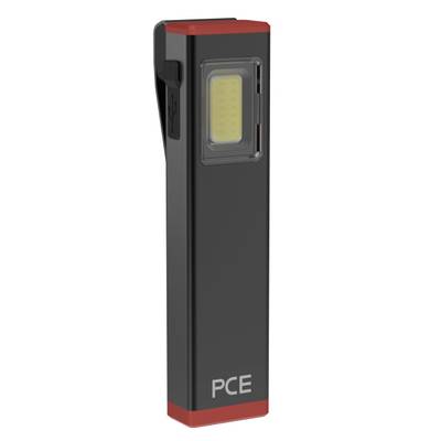 Schwarze LED-Taschenlampe mit rotem Rand. Rechteckige Form, Marke 'PCE'. Hat seitlichen Clip und USB-Anschluss.