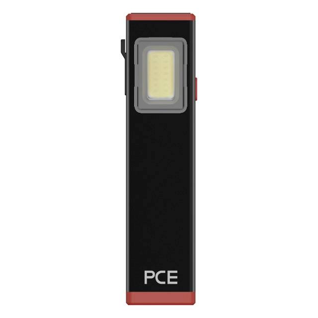 Eine rechteckige, schwarze und rote Taschenlampe mit LED-Licht und der Aufschrift 'PCE' auf der Vorderseite.