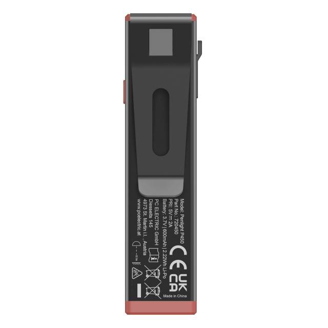 Rückansicht eines schwarzen und roten Power-Tools, zeigt technische Spezifikationen und Zertifizierungssymbole auf der Gehäuserückseite.