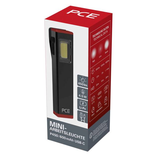 Die Verpackung einer Mini-Arbeitsleuchte mit 450 Lumen und 600 mAh Akku, USB-C-Anschluss, markiert mit technischen Daten auf der Seite.