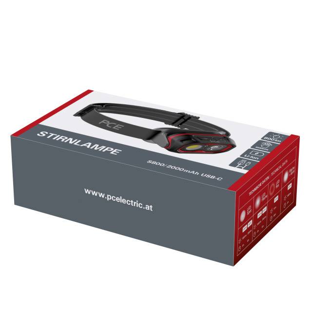 Verpackung einer Stirnlampe von PCE mit den Angaben '5800-2000mAh USB-C' und der Website 'www.pcelectric.at'.
