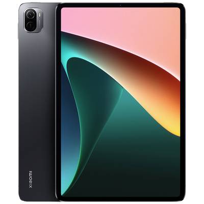 Tablet mit schwarzem Gehäuse und großem Display, auf dem ein abstraktes, farbiges Hintergrundbild zu sehen ist.