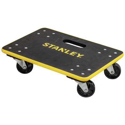 Schwarzer Transportroller mit gelbem Rand, der Name 'Stanley' in der Mitte. Vier Lenkrollen und ein Griffloch.