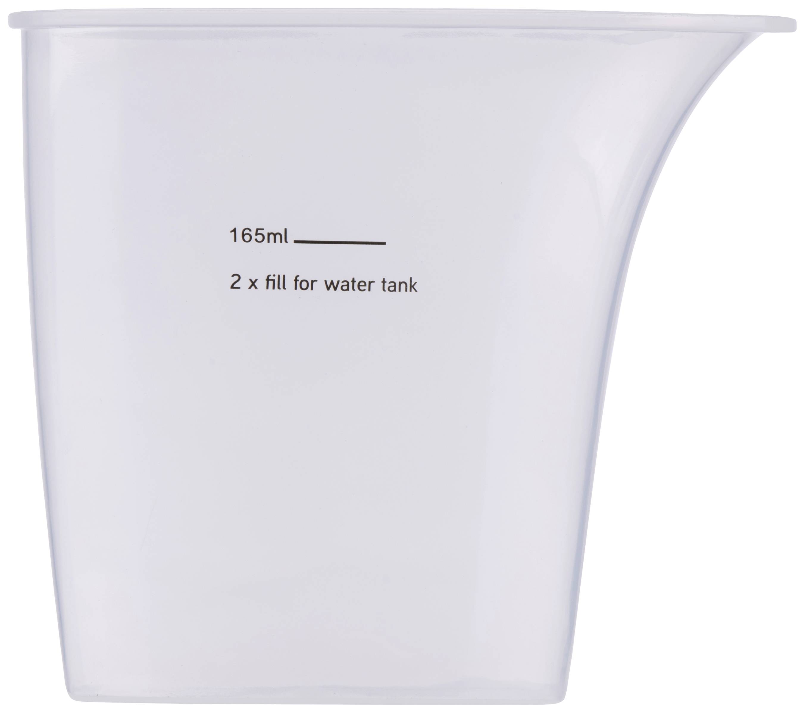 Ein transparenter Messbecher zeigt eine Markierung bei 165 ml und die Beschriftung '2 x fill for water tank'.