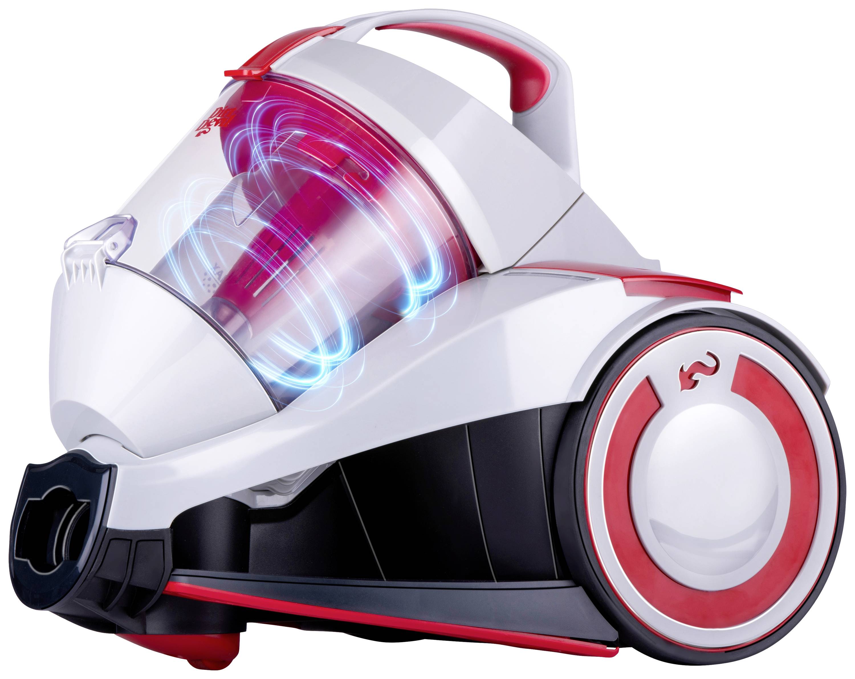 Ein weiß-roter, moderner beutelloser Staubsauger mit transparentem Behälter und sichtbarem Zyklon-Luftstrom, zeigt innovative Technologie.