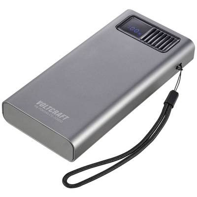 Tragbare Powerbank in silbernem Gehäuse mit LED-Anzeige und Schlaufe. Markenname 'Voltcraft' auf der Seite eingraviert.