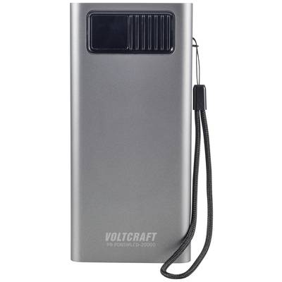 Graue tragbare Powerbank mit schwarzem Display und Trageschlaufe, Markenname 'Voltcraft' unten aufgedruckt.