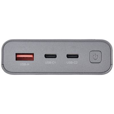 Eine graue Powerbank mit drei Anschlüssen: ein roter USB-A, zwei schwarze USB-C (USB-C1, USB-C2) und ein Einschaltknopf.