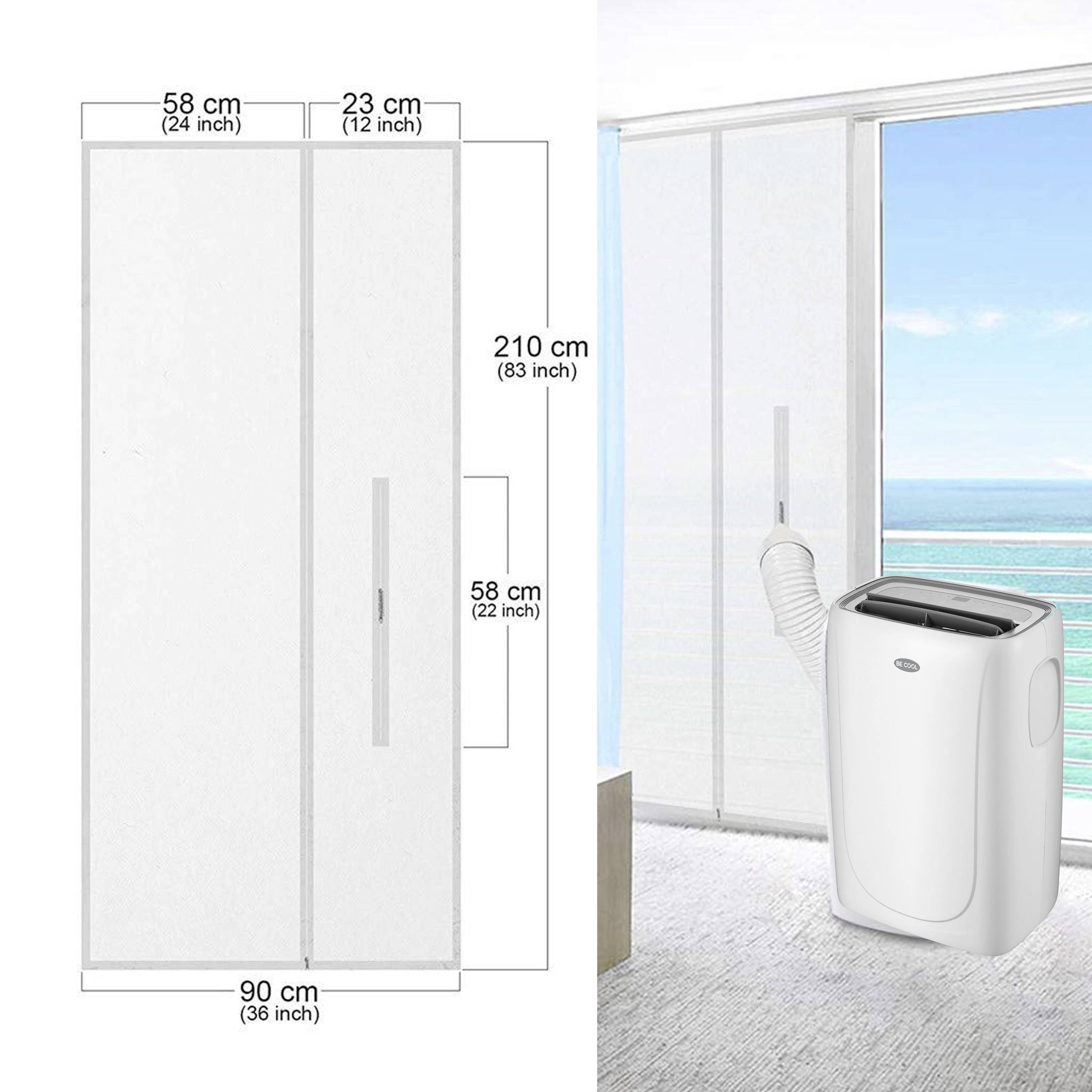 Ein Raum mit einem mobilen Klimagerät links im Vordergrund. Rechts großes Fenster mit Blick auf das Meer. Maße eines Geräts sind angegeben.